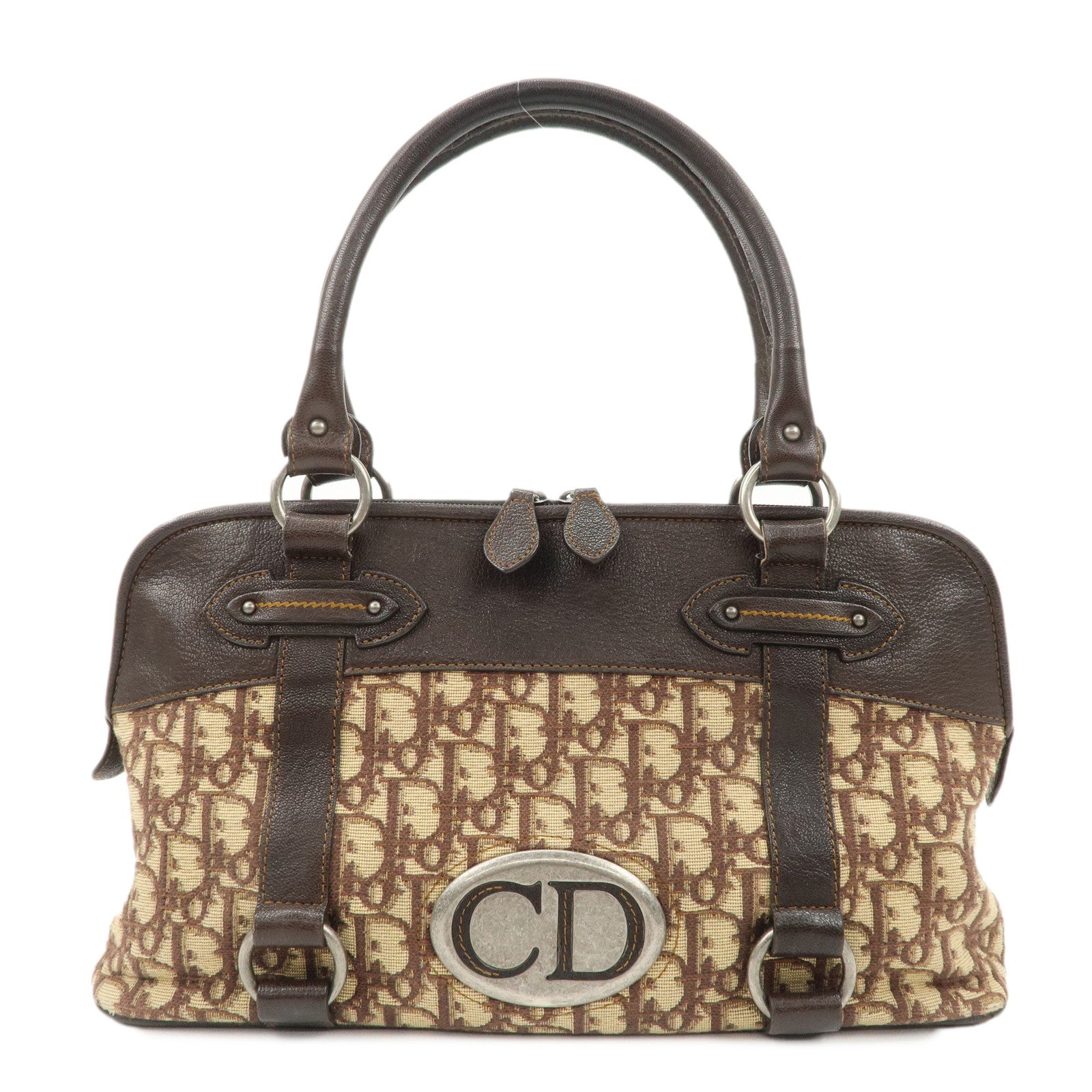 Christian-Dior-Logo-Trotter-Canvas-Leather-Boston-Bag-Beige-Brown