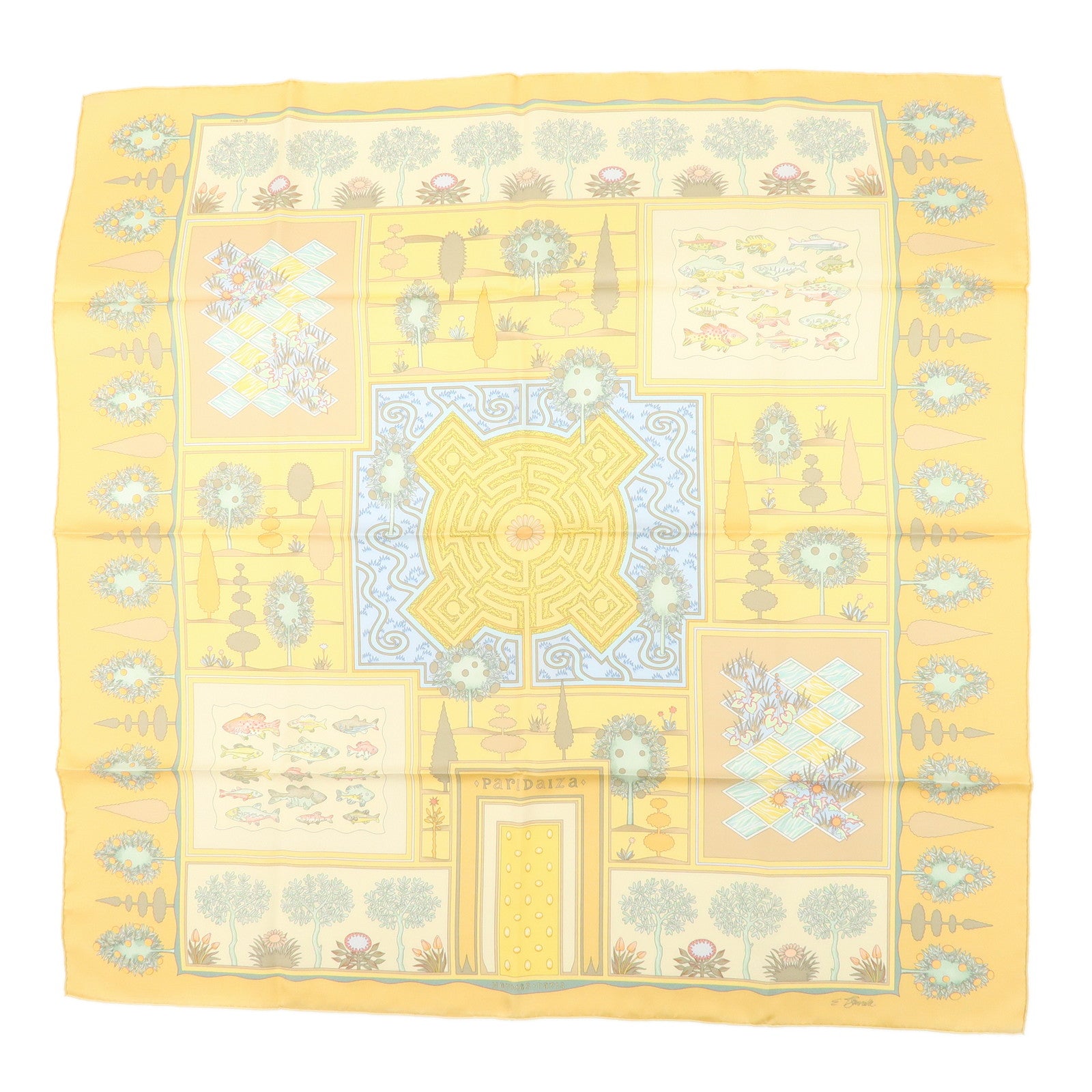 HERMES-Carre-90-Silk-100%--Scarf--Paridaiza-Yellow-Blue