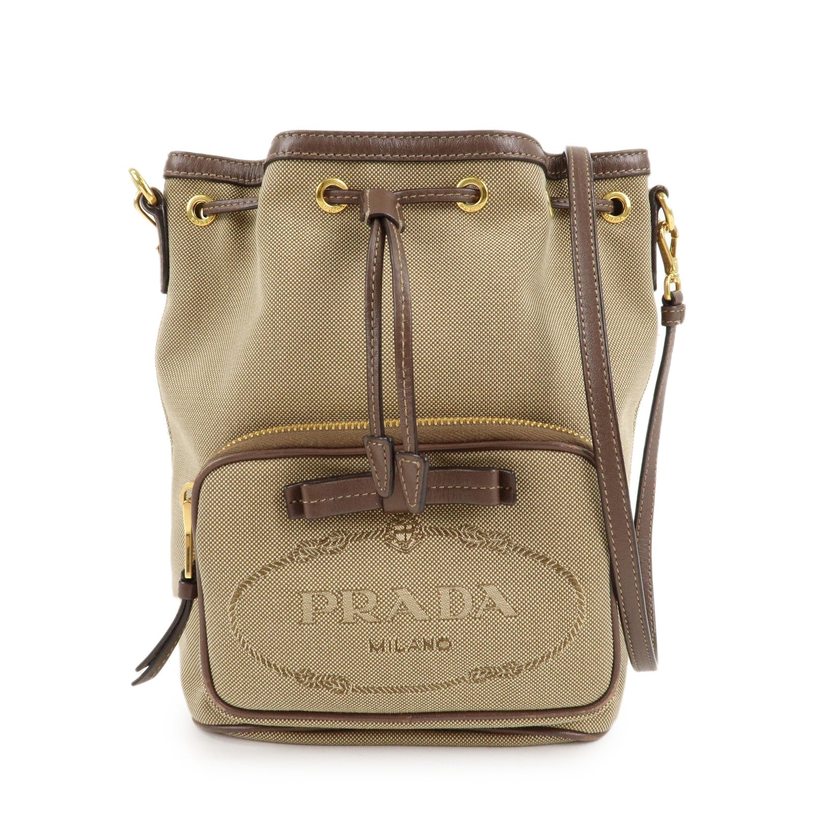 PRADA-Logo-Jacquard-Leather-Drawstring-Shoulder-Bag-Beige-1BH038