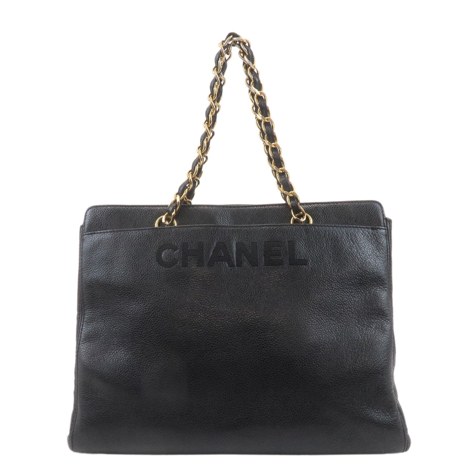 CHANEL-Caviar-Skin-Chain-Tote-Bag-Black-Gold-5088083