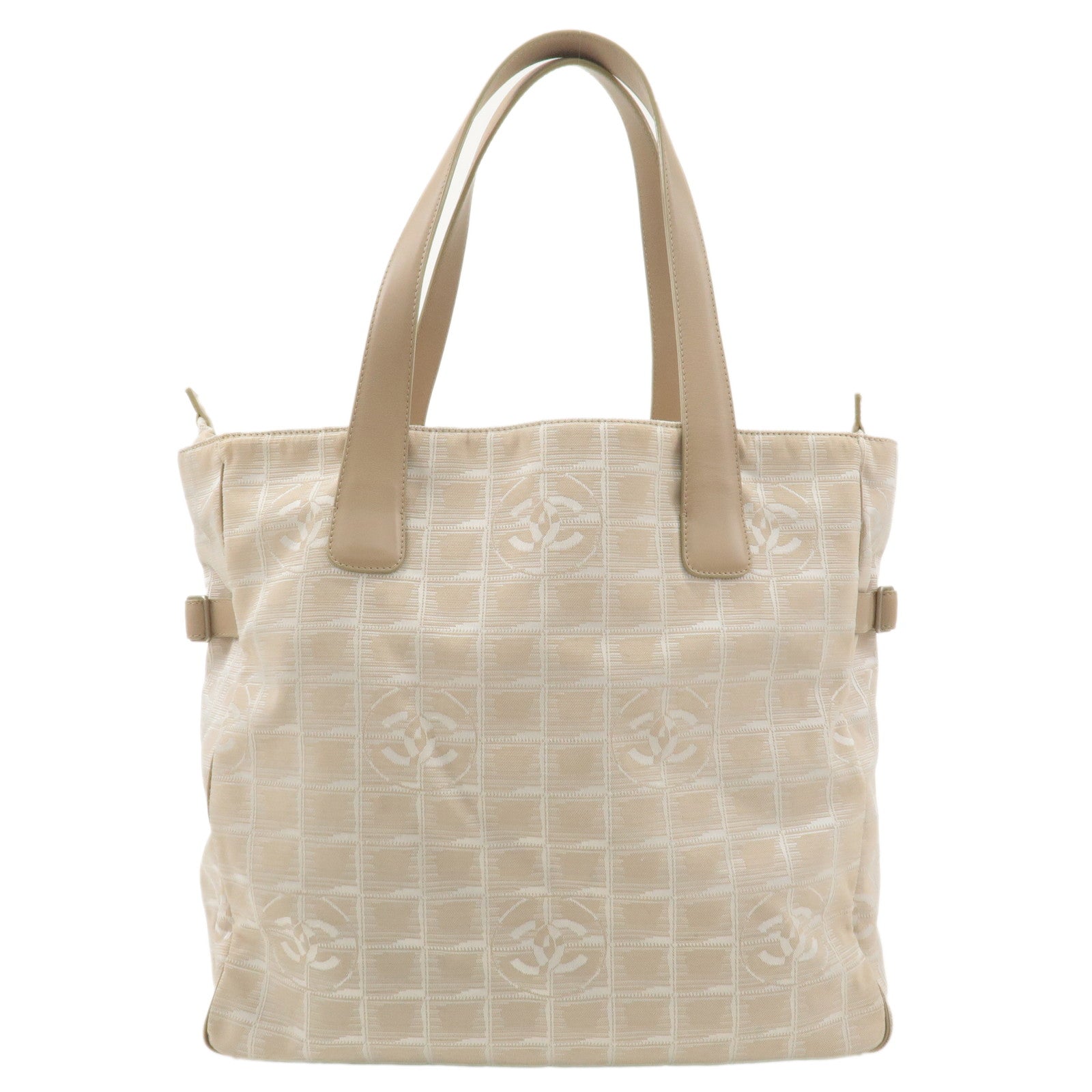 CHANEL-Travel-Line-Nylon-Jacquard-Leather-Tote-MM-Bag-Beige-A15991