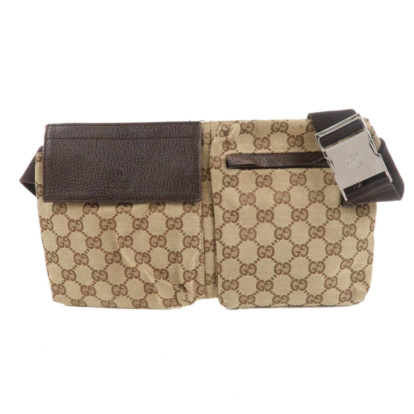 GUCCI GG Canvas Leather Waist Bag Crossbody Bag Beige Brown 28566