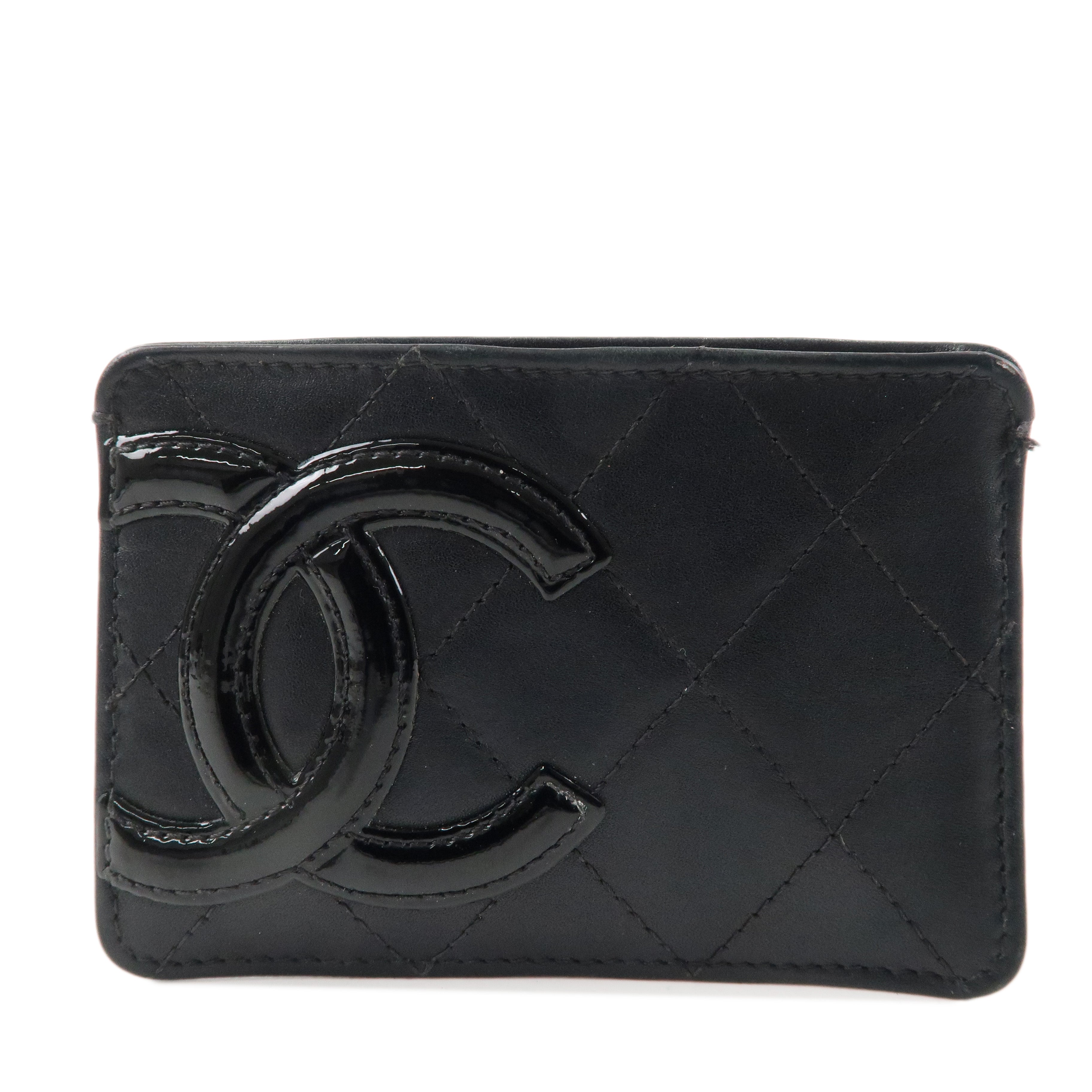 CHANEL Cambon Line Lamb Skin Card Case Black Pink A26725