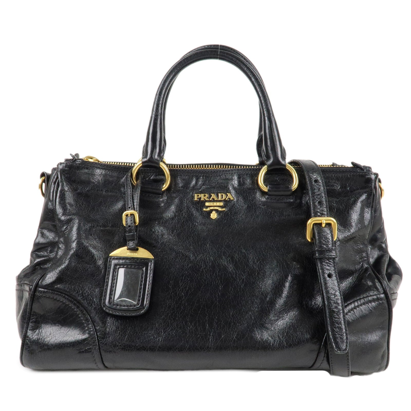 PRADA-Logo-Leather-2WAY-Bag-Shoulder-Bag-Hand-Bag-Black-Nero