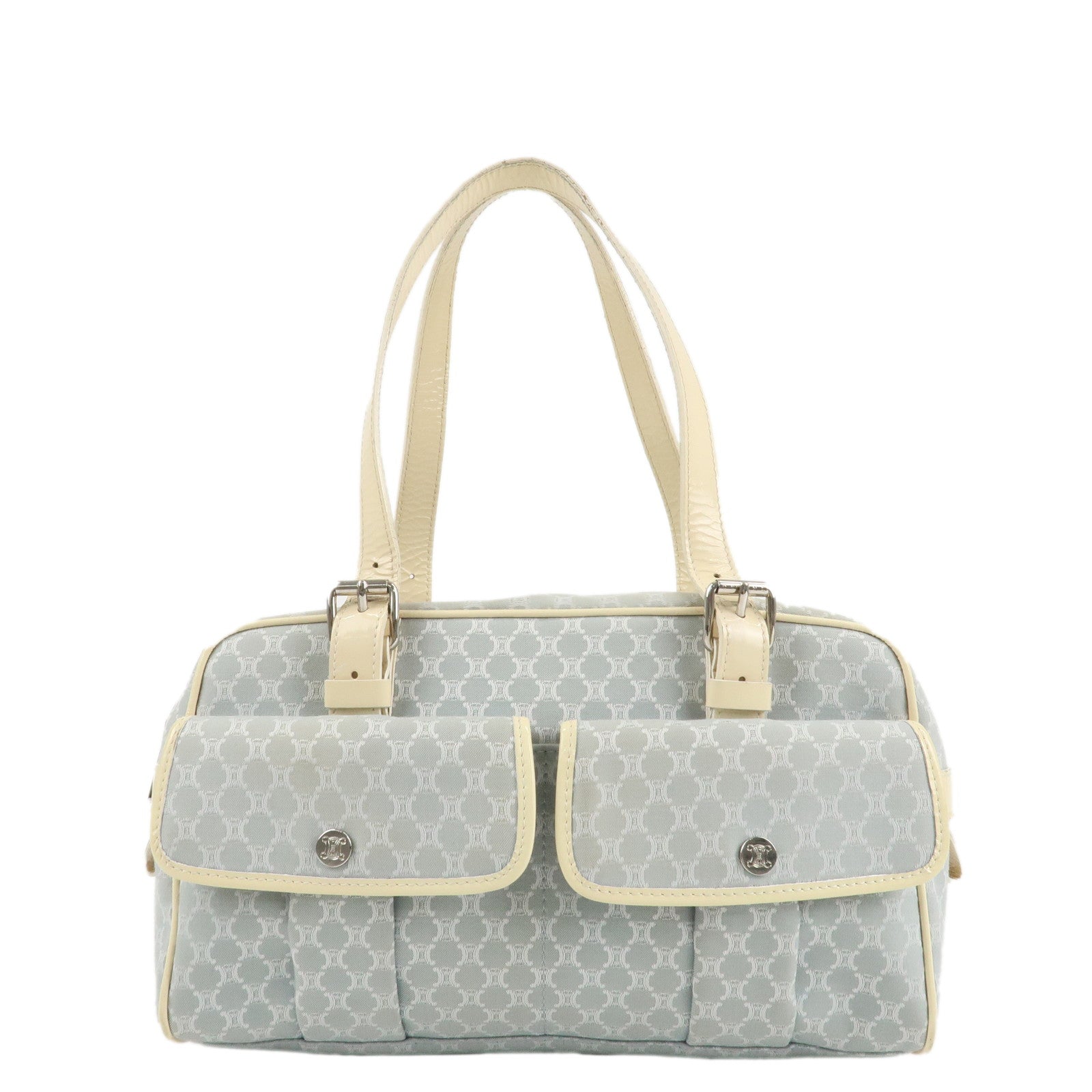 CELINE-Macadam-Canvas-Patent-Leather-Boston-Bag-Blue-Ivory