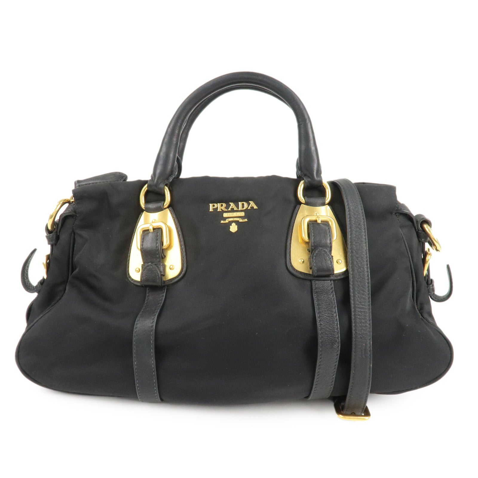 PRADA-Logo-Nylon-Leather-2Way-Shoulder-Bag-Black-Gold-HDW-BN1903