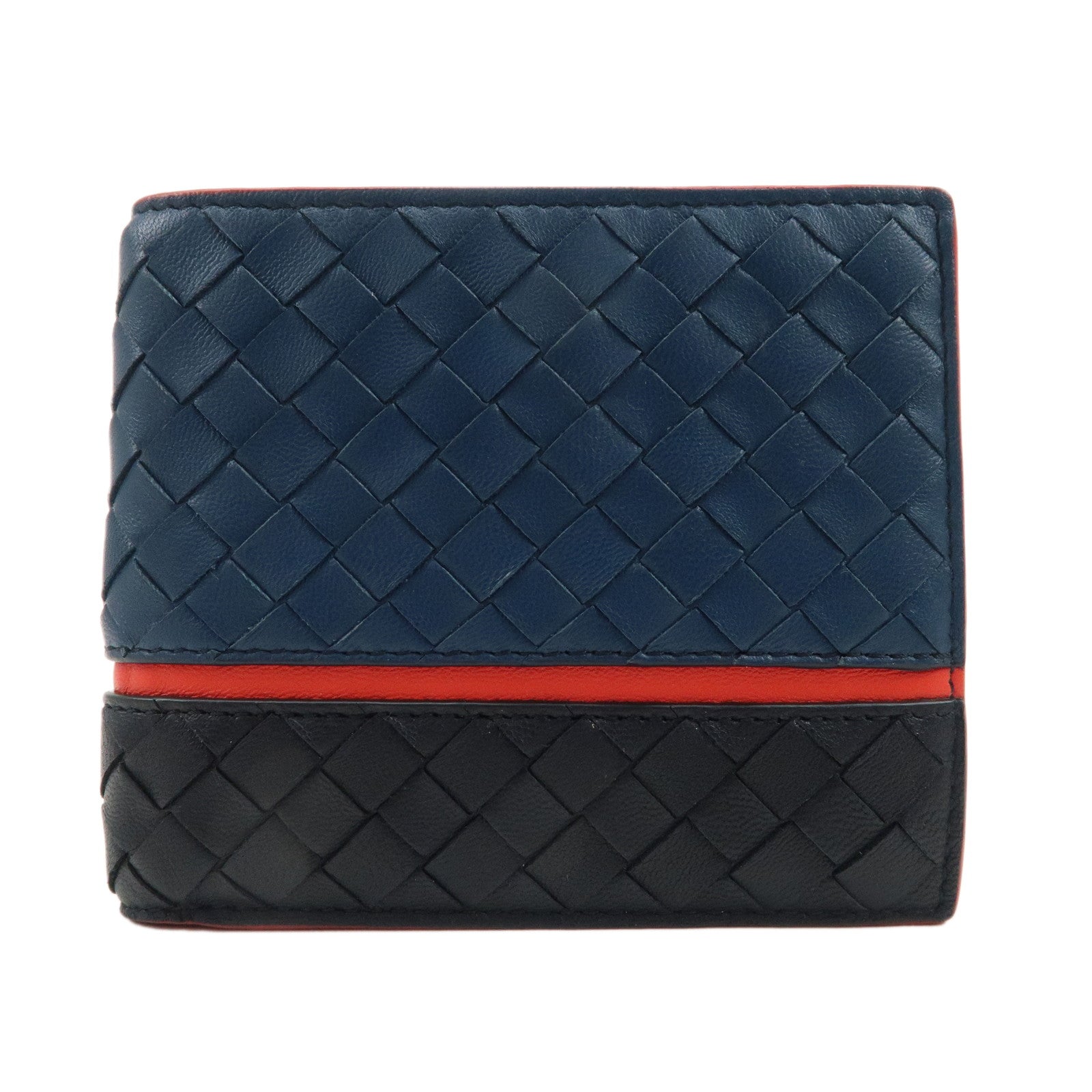 BOTTEGA-VENETA-Intrecciato-Leather-Bi-fold-Wallet-Bicolor-Navy-Red