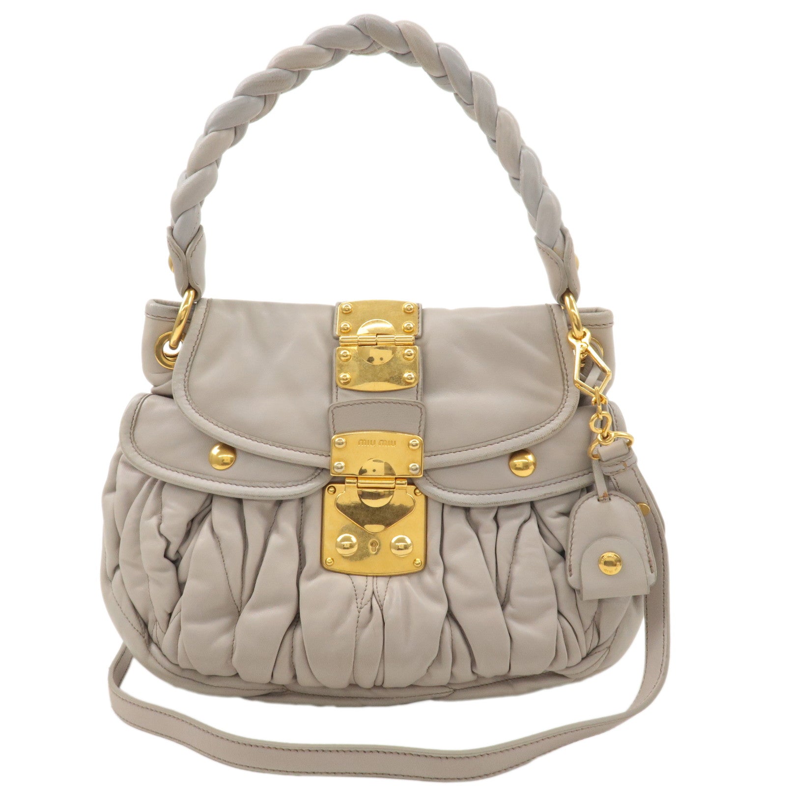 MIU-MIU-Matelasse-Leather-2Way-Bag-Hand-Bag-Light-Gray