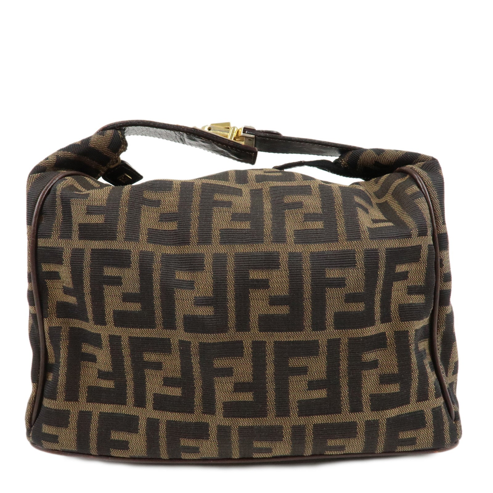 FENDI-Zucca-Canvas-Leather-Hand-Bag-Brown-Black-Gold-Hardware