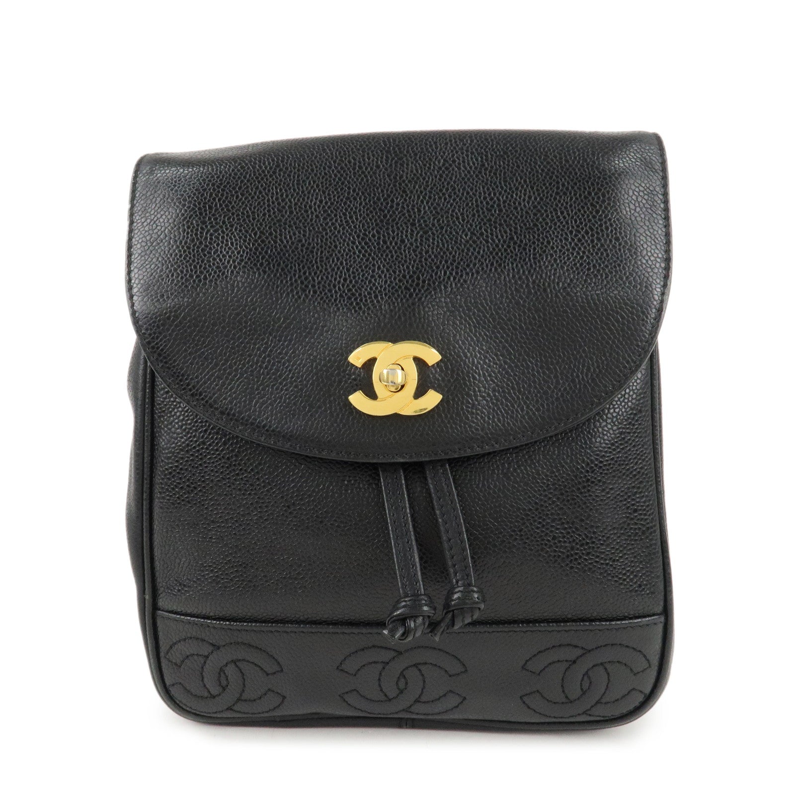 CHANEL-Triple-COCO-Caviar-Skin-Chain-Back-Pack-Black-Gold