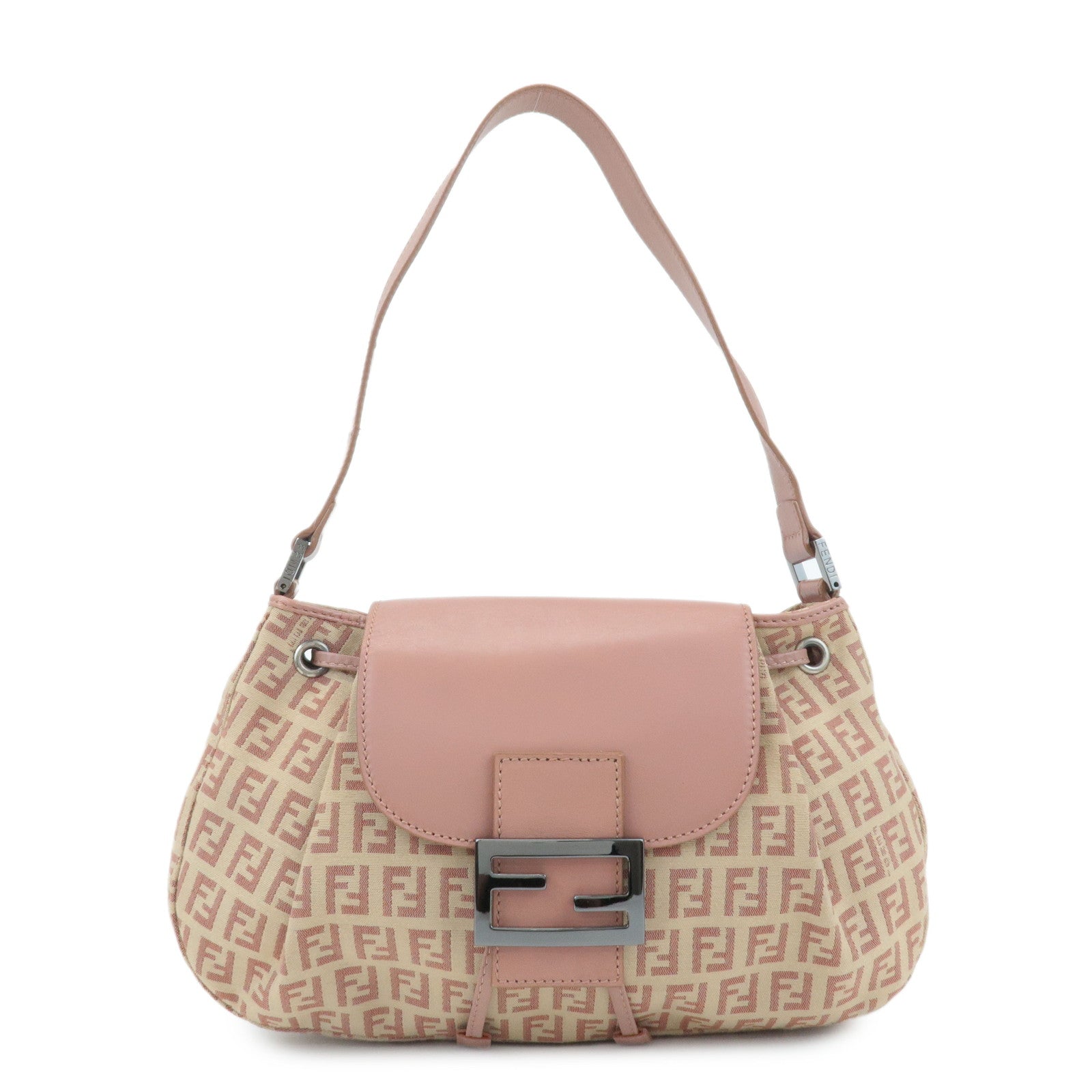 FENDI-Zucchino-Canvas-Leather-Shoulder-Bag-Beige-Pink-8BR282