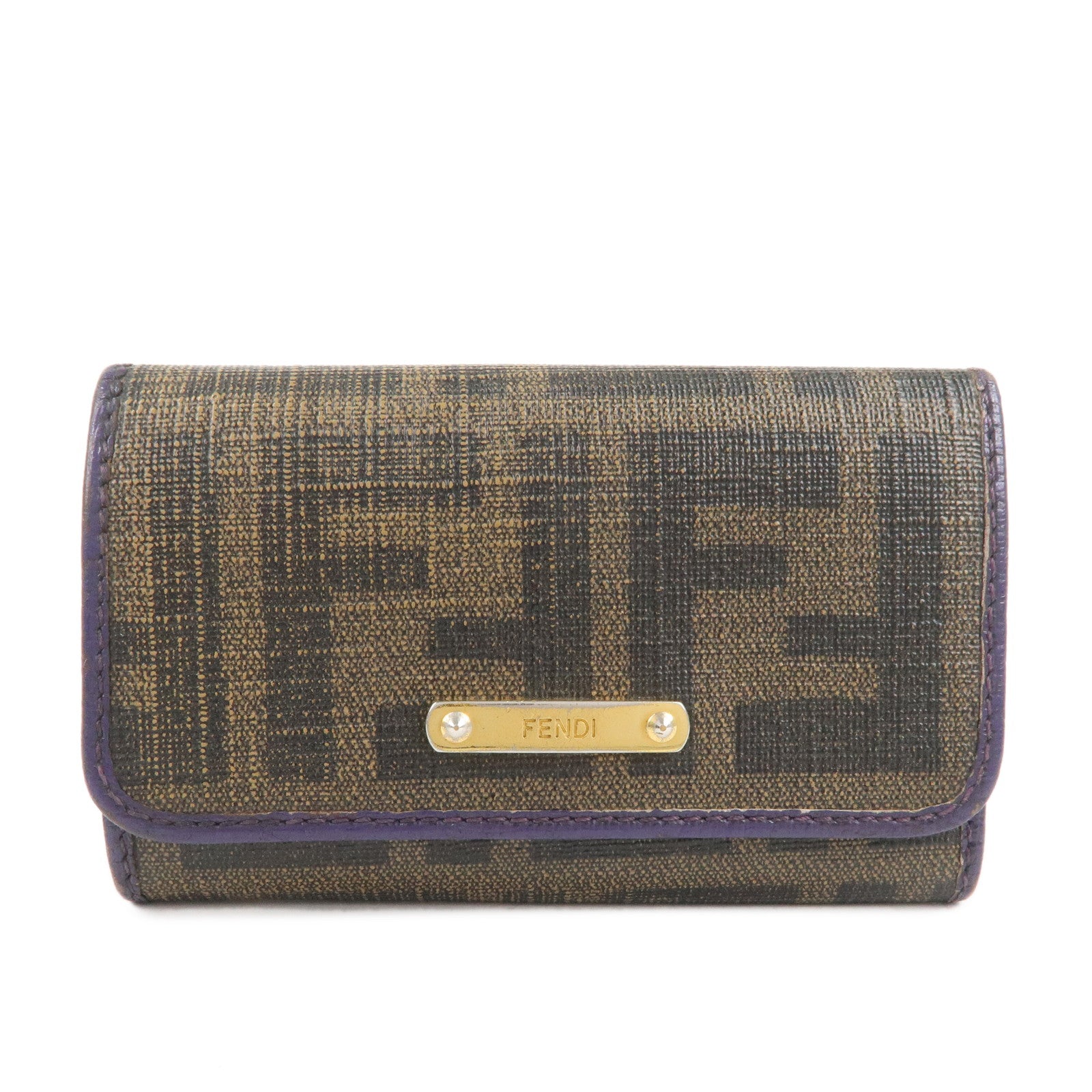 FENDI-Zucca-Canvas-Leather-6-Rings-Key-Case-Khaki-Purple-8AP079