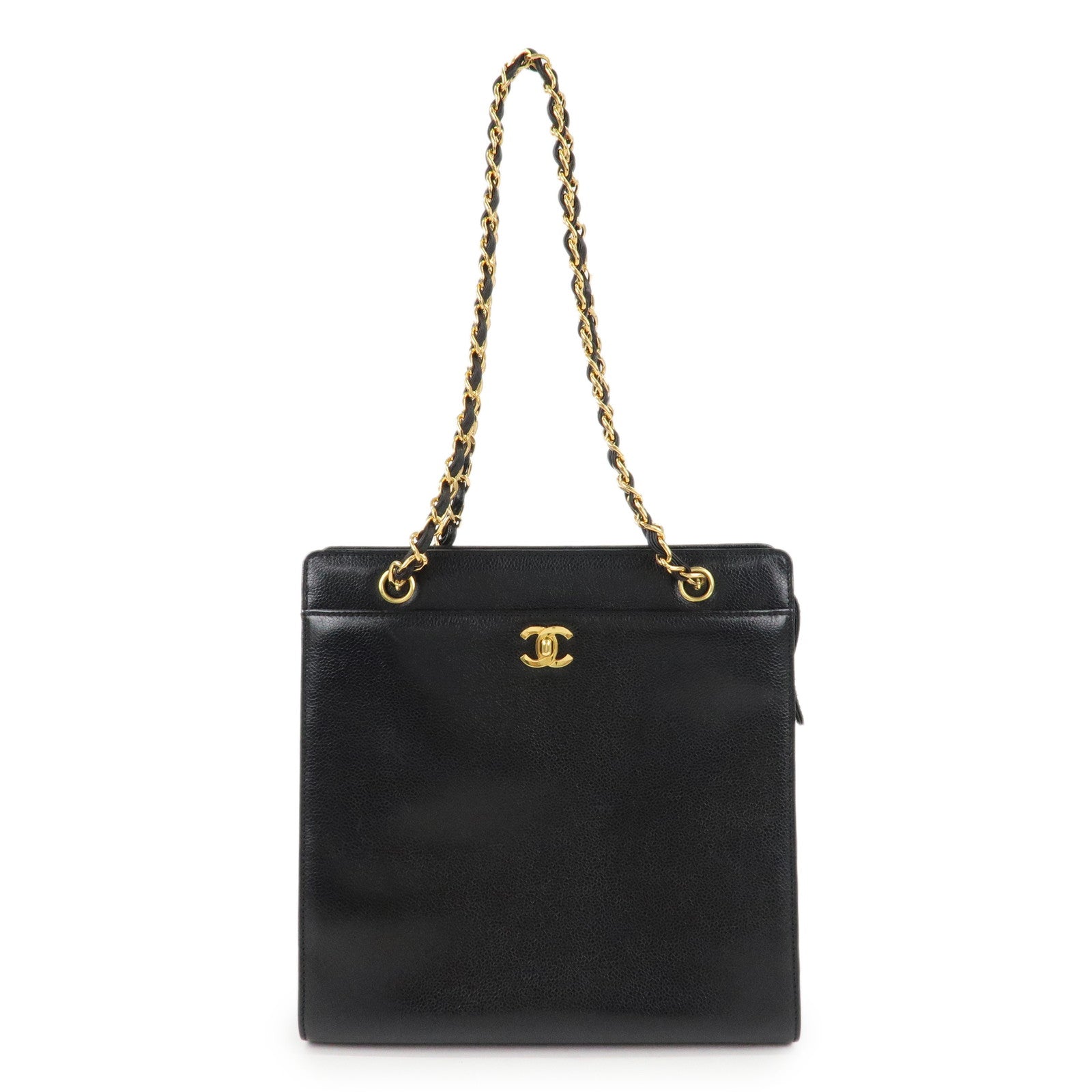 CHANEL-COCO-Mark-Caviar-Skin-Chain-Tote-Bag-Black-Gold