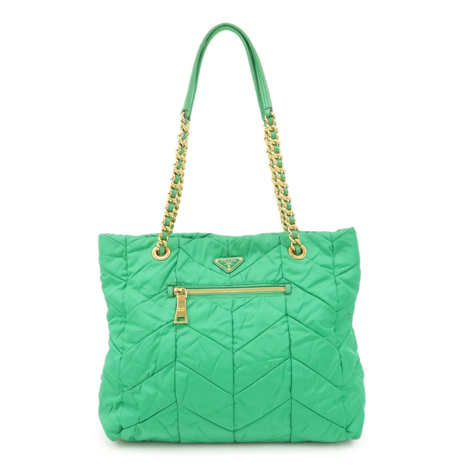 PRADA-Triangle-Logo-Nylon-Leather-Chain-Tote-Bag-Green-BR4383