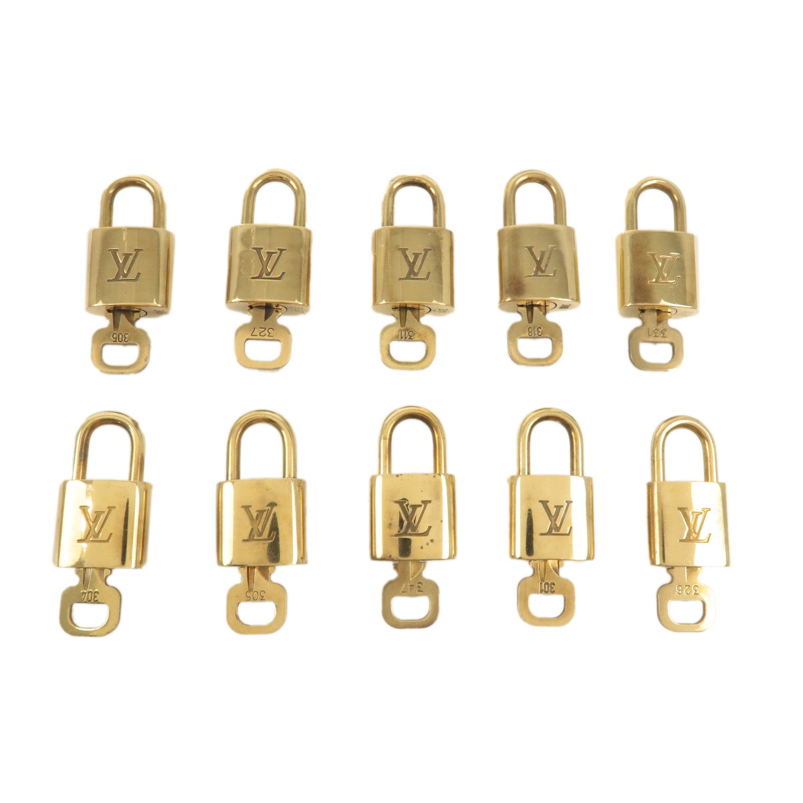 Louis-Vuitton-Set-of-10-Lock-&-Key-Cadena-Key-Lock-Gold