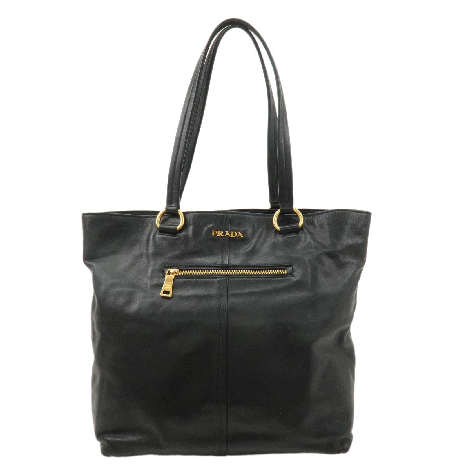 PRADA Logo Leather Tote Bag Shoulder Bag Black Gold Hardware