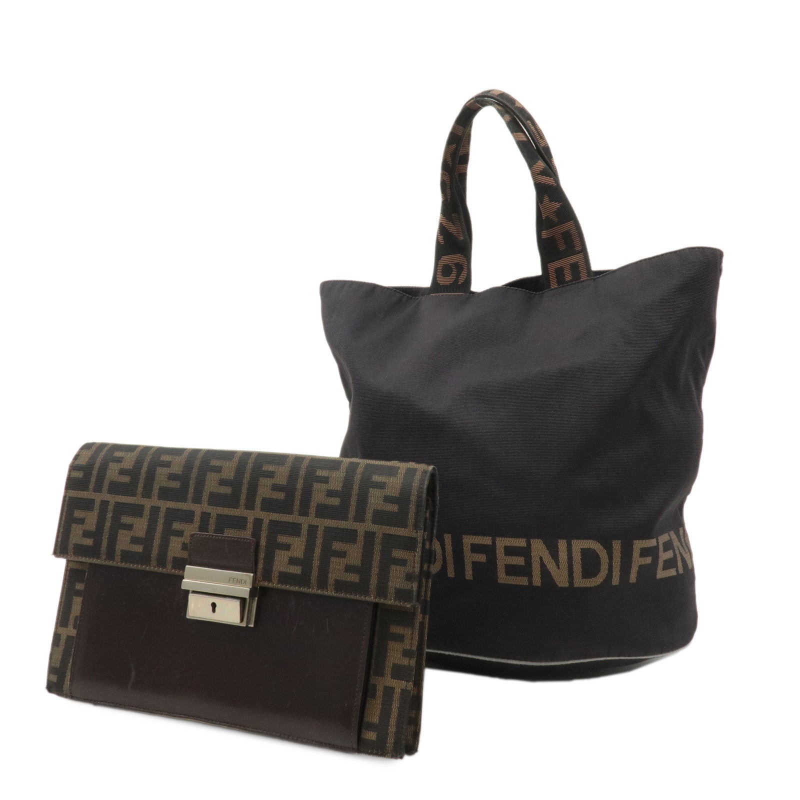 FENDI-Set-of-2-Zucca-Canvas-Leather-Second-Bag-Nylon-Bucket-Bag