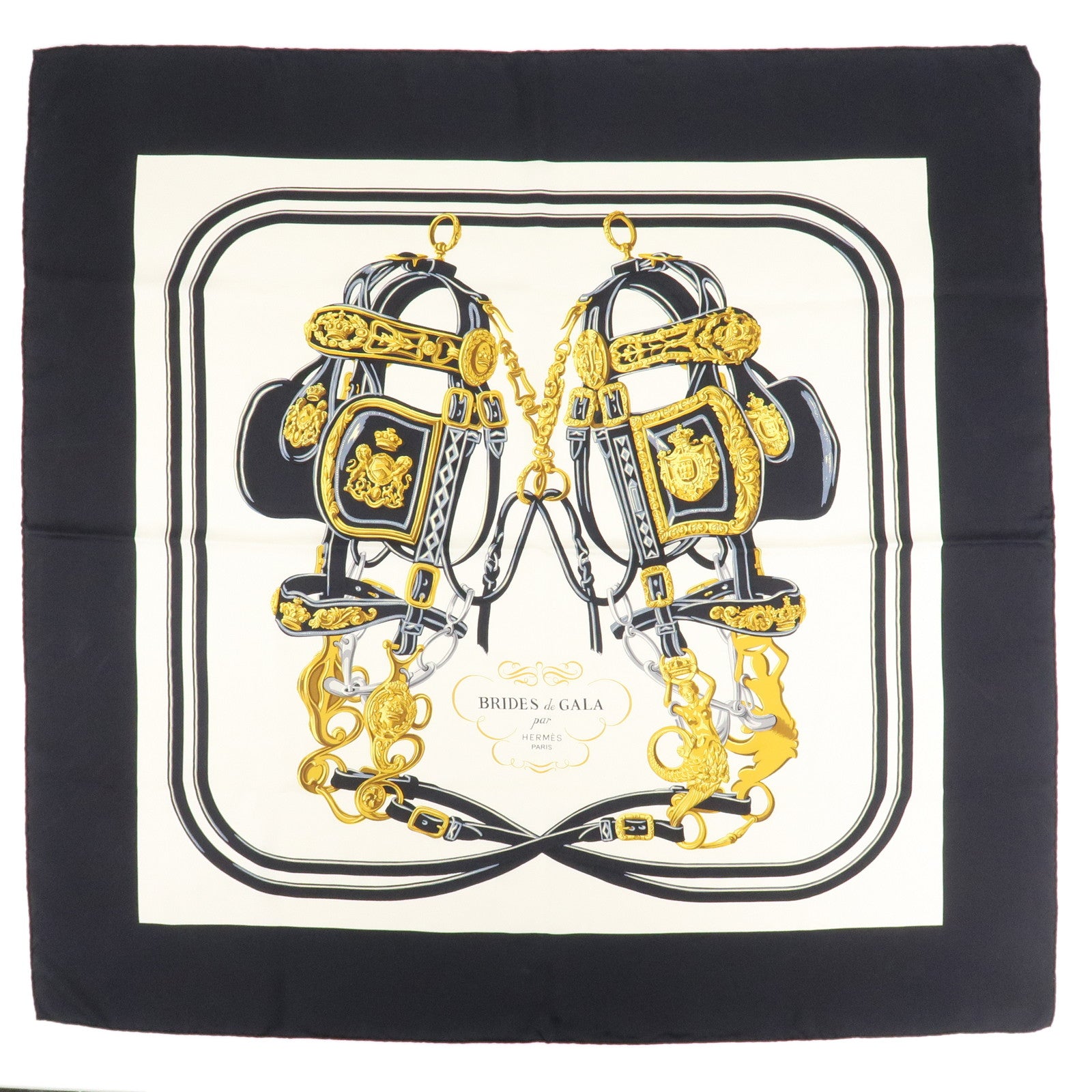 HERMES-Silk-100%-Carre-90-Scarf-BRIDES-de-GALA-Ivory-Navy-Gold