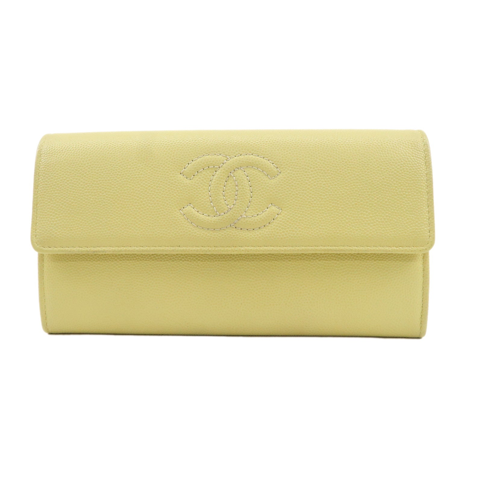 CHANEL-Caviar-Skin-Coco-Mark-Bi-fold-Long-Wallet-Light-Yellow