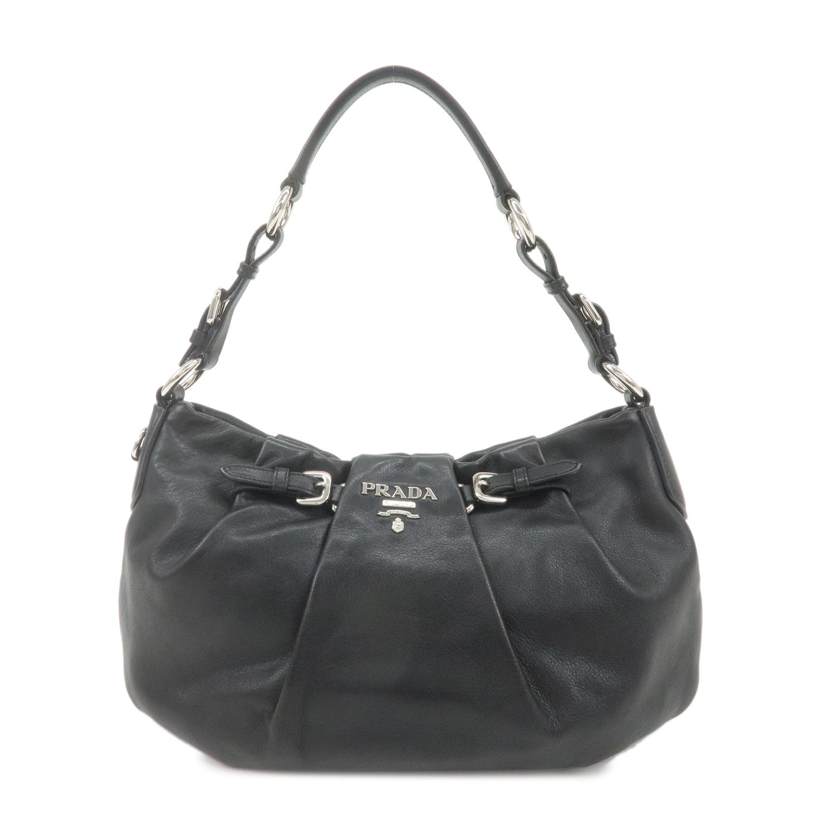 PRADA-Logo-Leather-Shoulder-Bag-Nero-Black-Silver-HDW