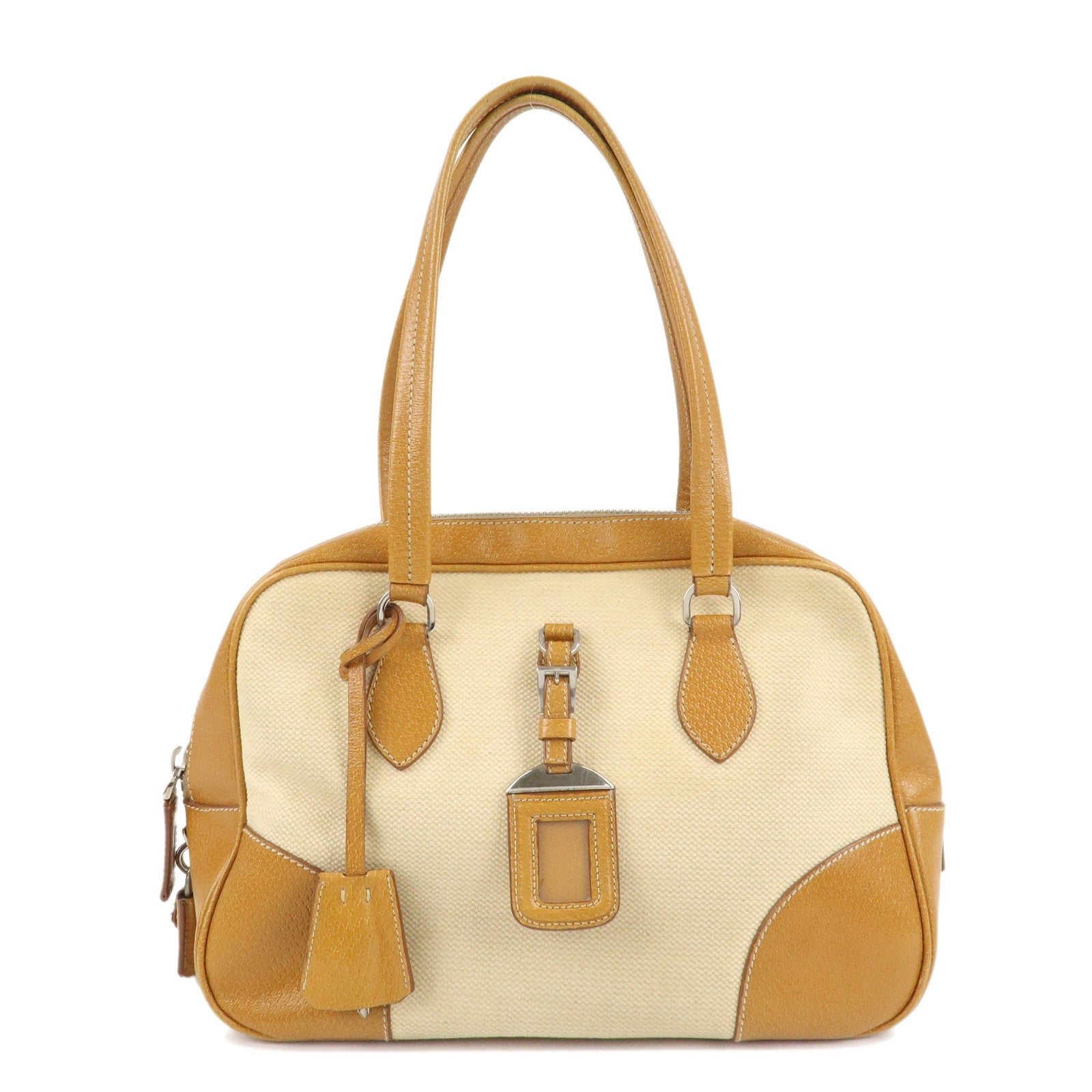 PRADA-Canvas-Leather-Triangle-Logo-Boston-Bag-Ivory-Brown