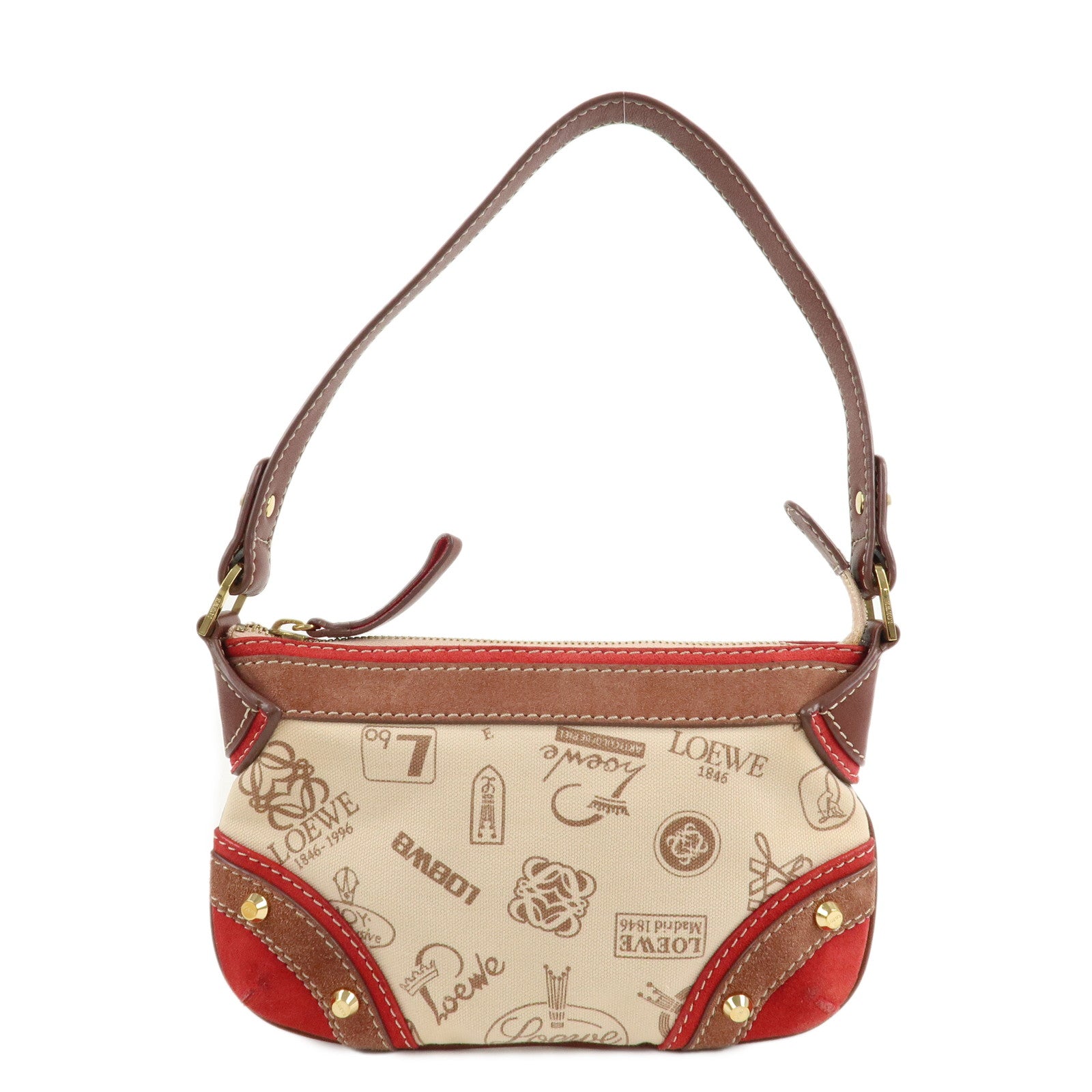 LOEWE-Canvas-Leather-Suede-Shoulder-Bag-160th-Anniversary-Red