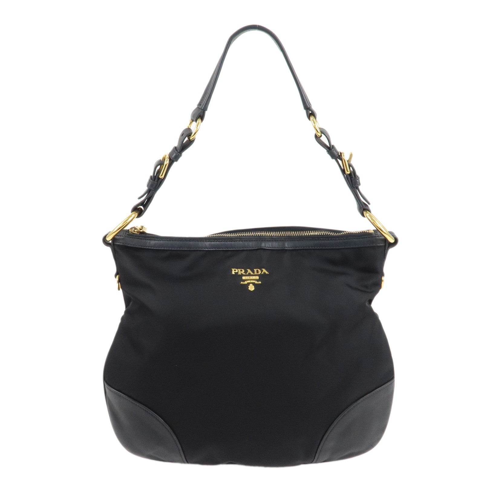 PRADA-Nylon-Leather-Shoulder-Bag-Black-Gold-Hardware