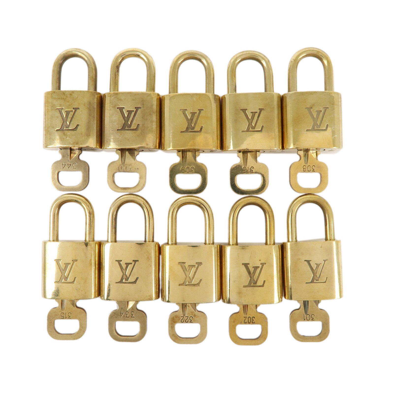 Louis-Vuitton-Set-of-10-Lock-&-Key-Cadena-Key-Lock-Gold