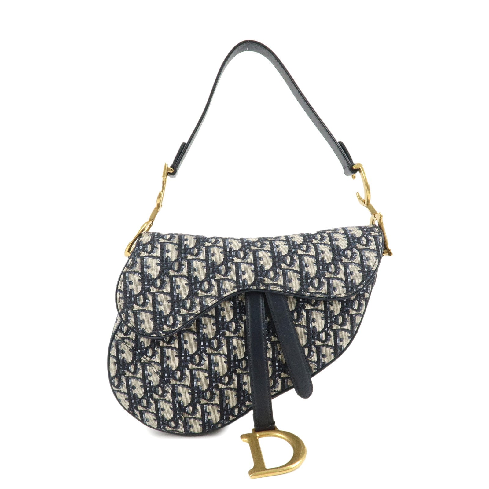 Christian-Dior-Oblique-Jacquard-Leather-Saddle-Mini-Hand-Bag-Navy