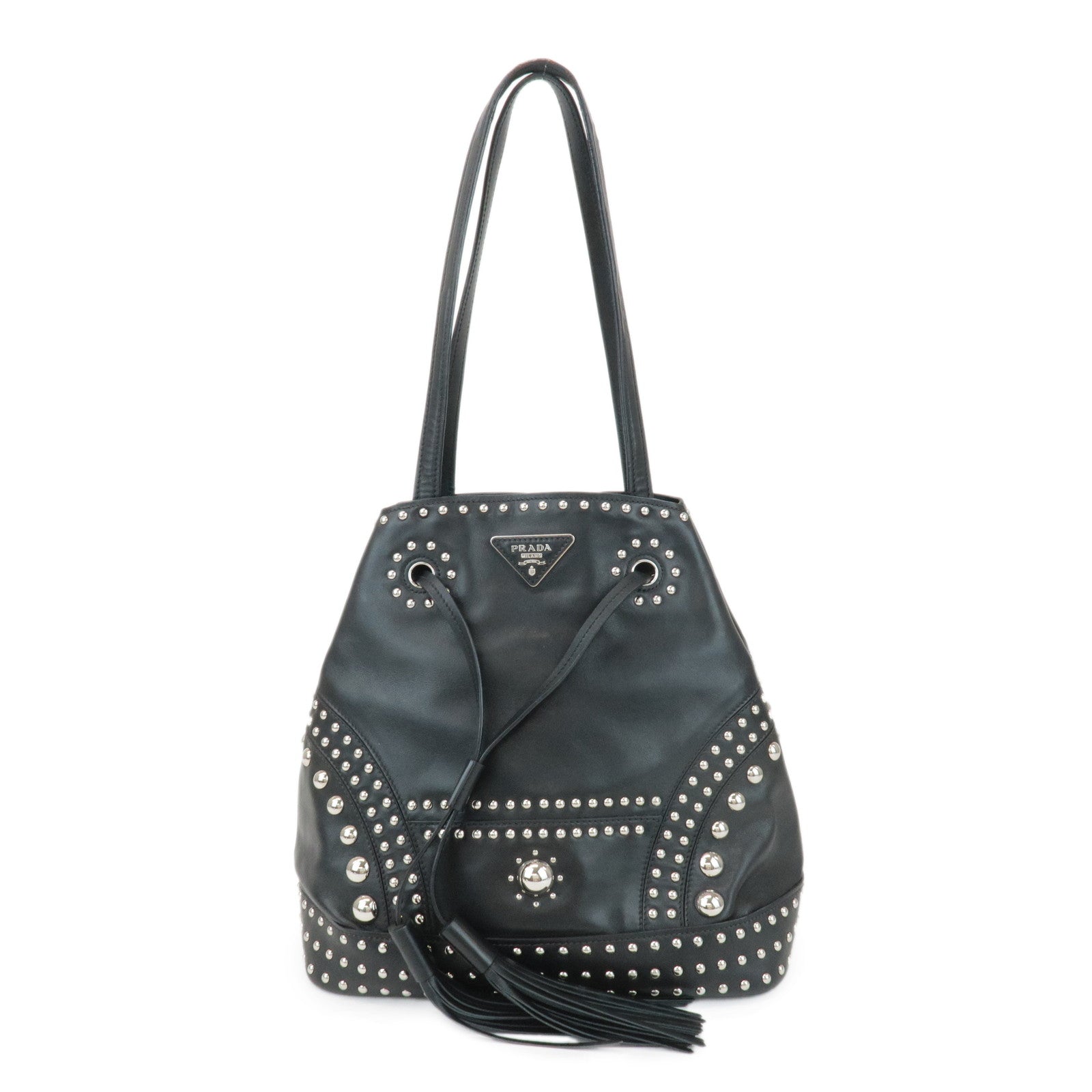 PRADA-Calf-Leather-Drawstring-Shoulder-Bag-Studs-Tassel-B5061M