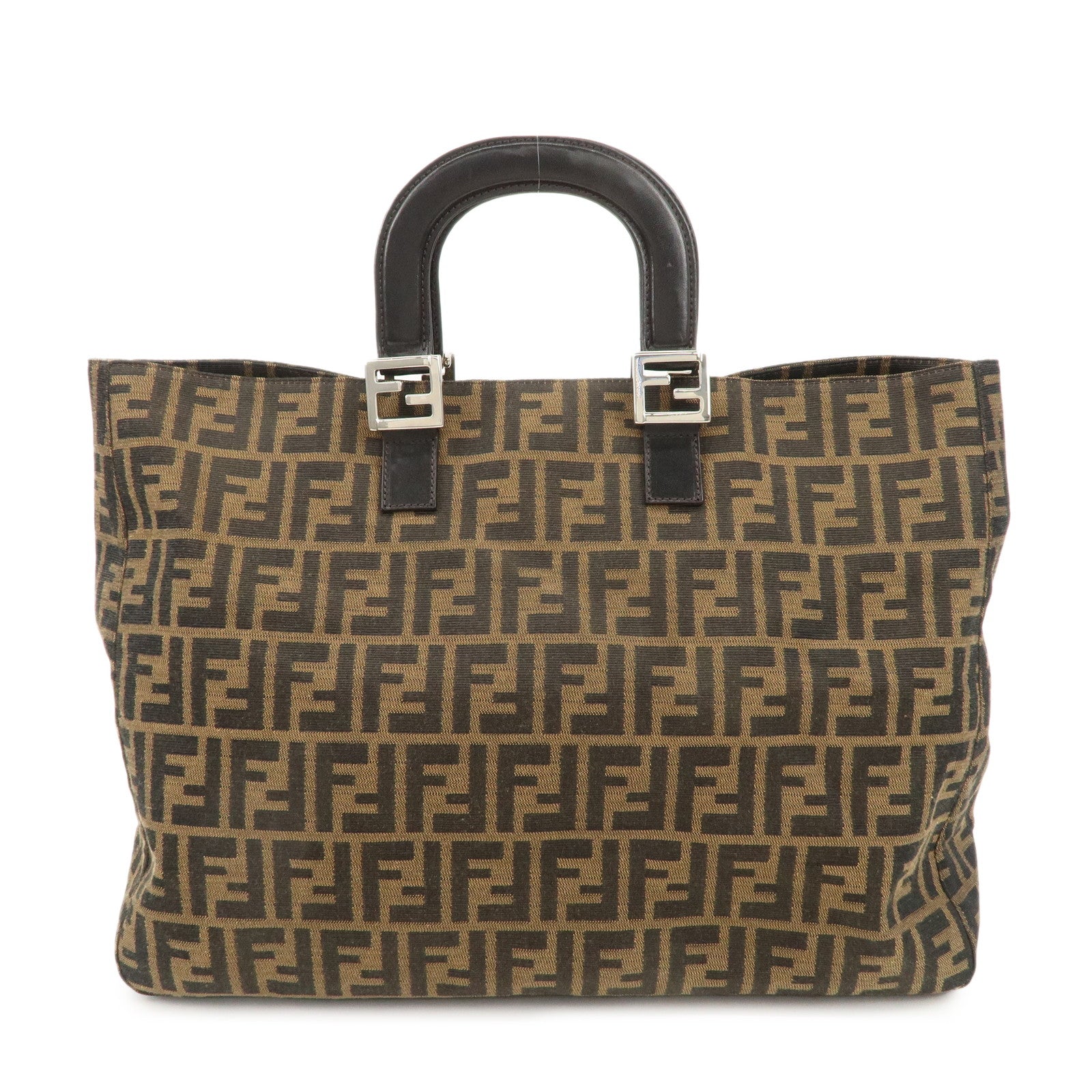 FENDI-Zucca-Canvas-Leather-Tote-Bag-Brown-Black-26329