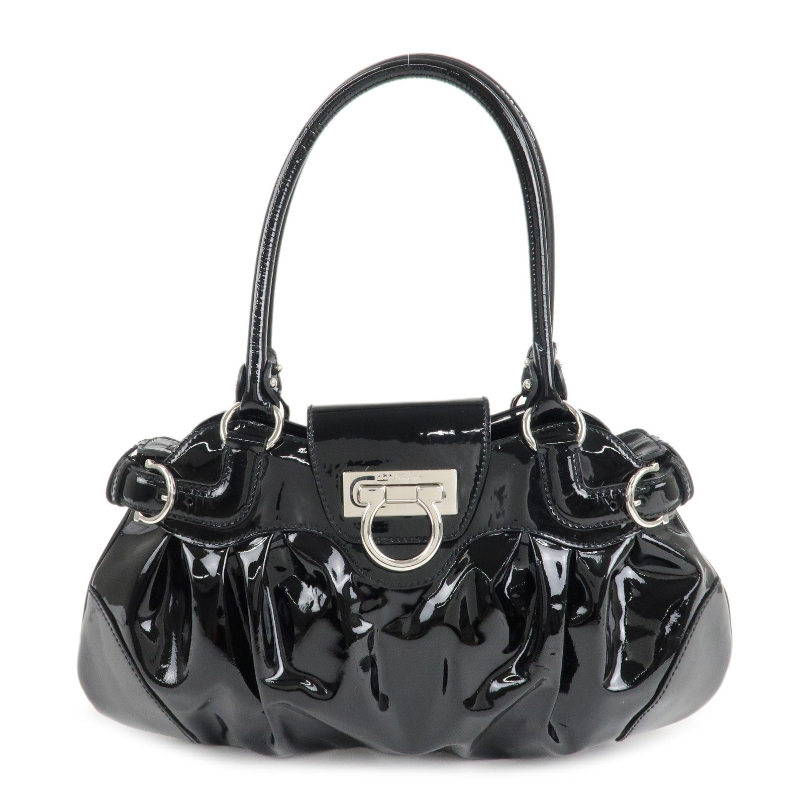 Ferragamo-Gancini-Patent-Leather-Shoulder-Bag-Black-Silver-HDW