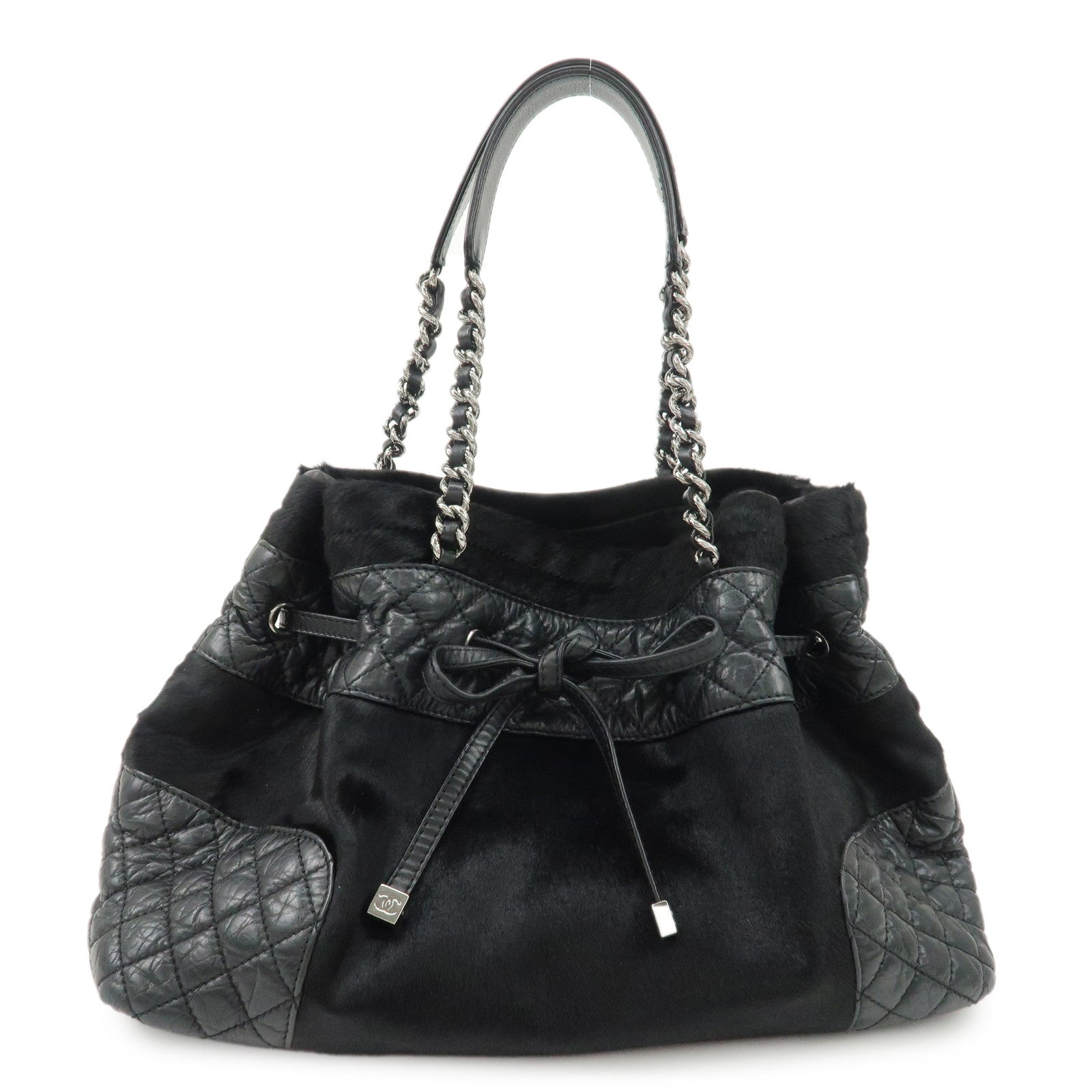 CHANEL-Matelasse-Pony-Hair-Leather-Chain-Drawstring-Tote-Bag