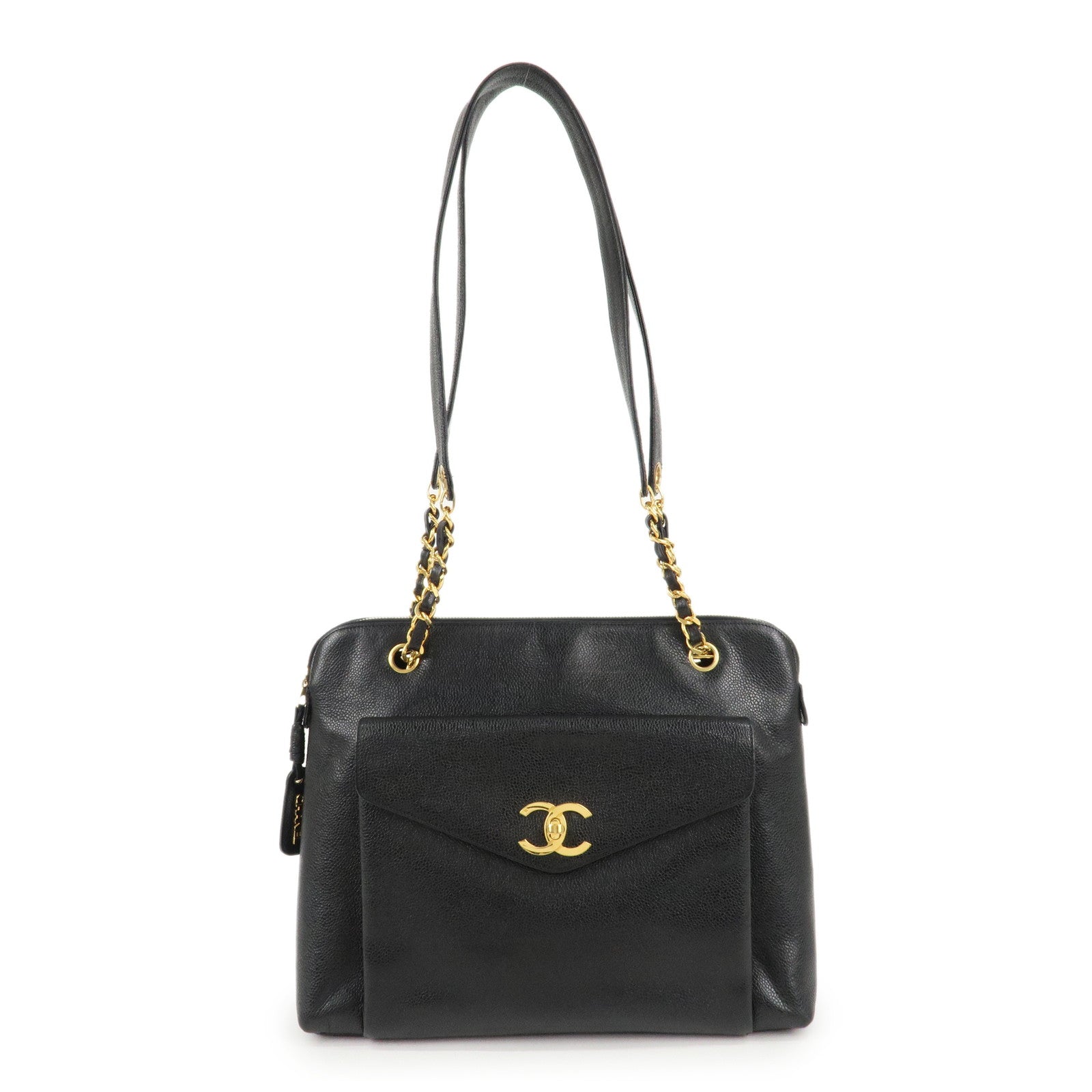 CHANEL-COCO-Mark-Caviar-Skin-Chain-Tote-Bag-Black-Gold