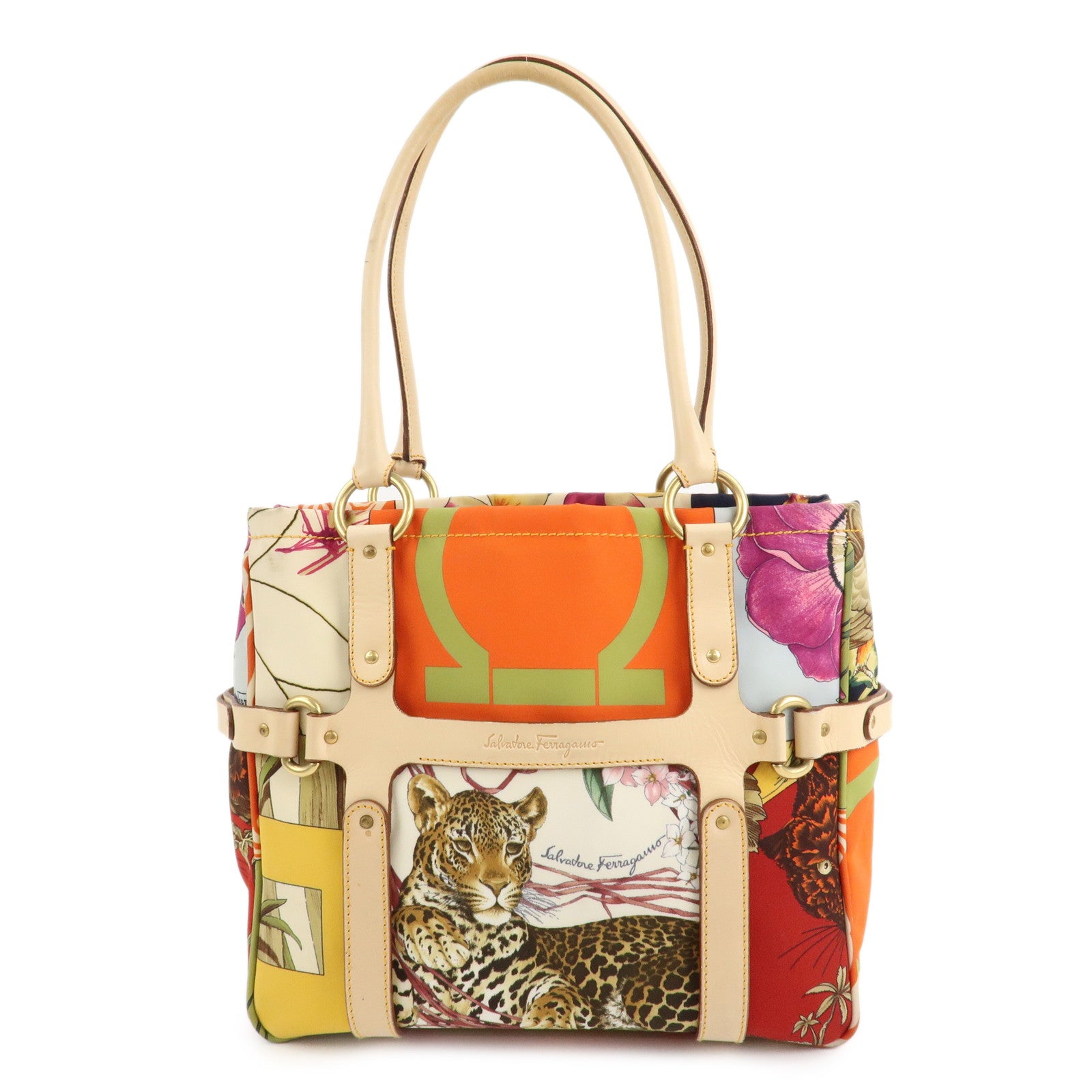 Ferragamo-Nylon-Leather-Tote-Bag-Animal-Multi-Color--AF-216407