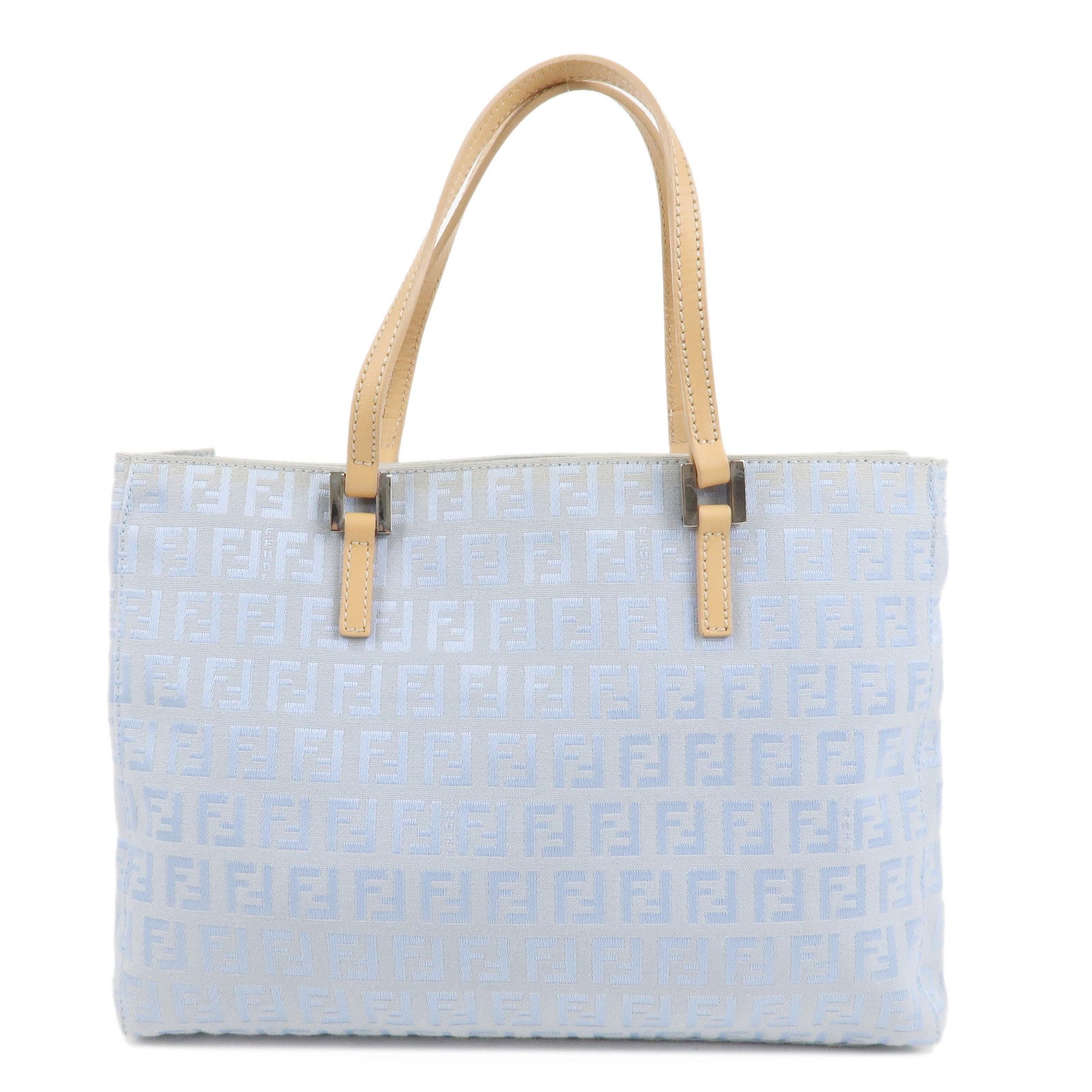 FENDI-Zucchino-Canvas-Leather-Tote-Bag-Light-Blue-Beige