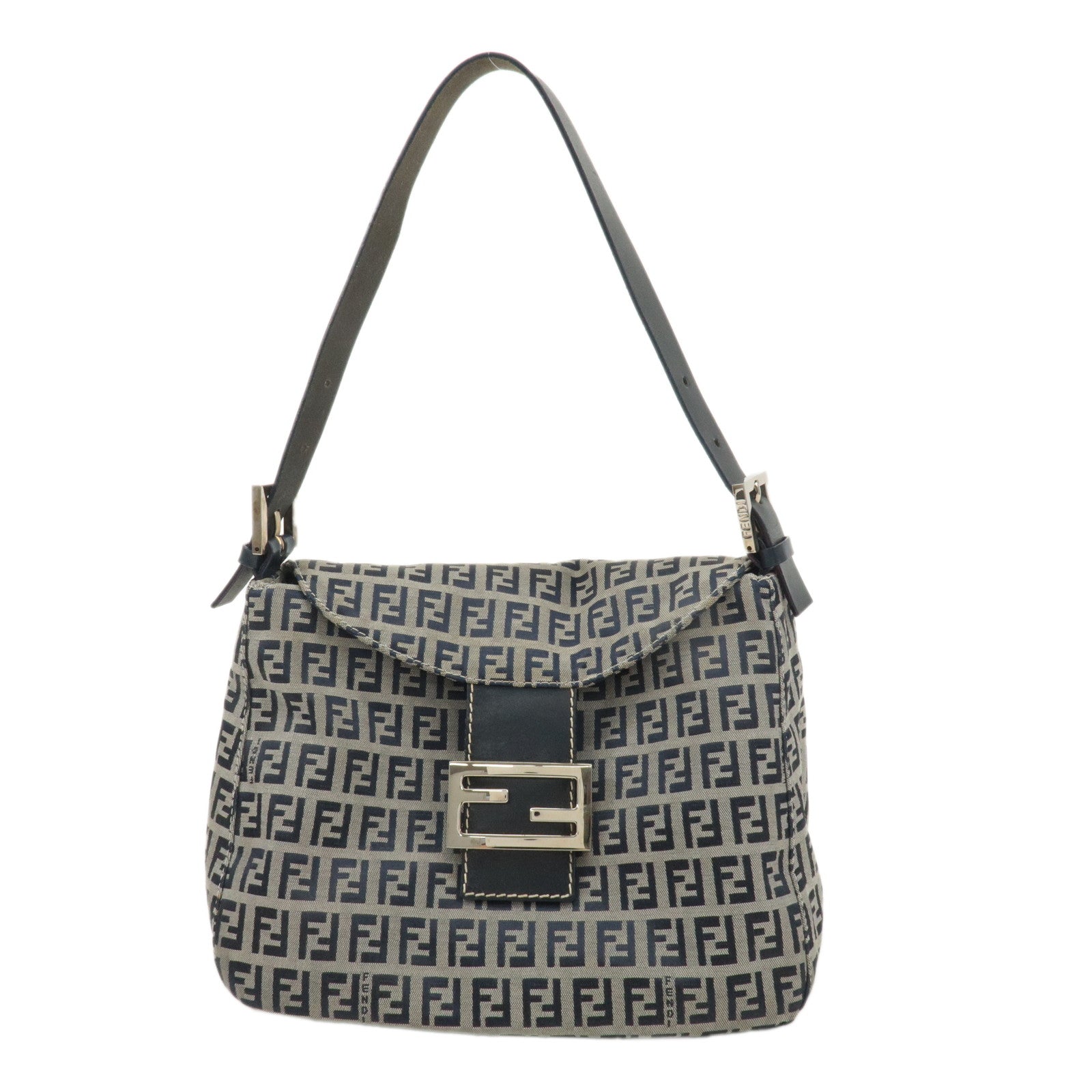 FENDI-Zucchino-Canvas-Leather-Shoulder-Bag-Gray-Blue-26426