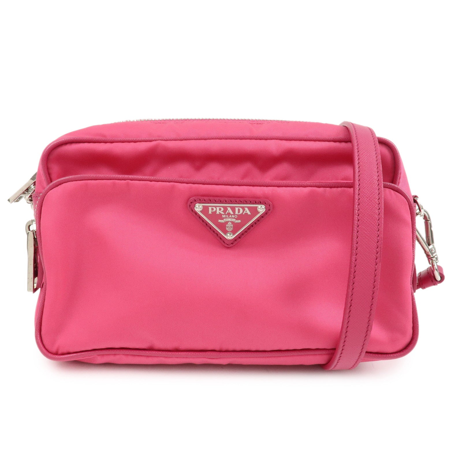 PRADA-Triangle-Logo-Leather-Shoulder-Bag-Pink-Silver-Hardware