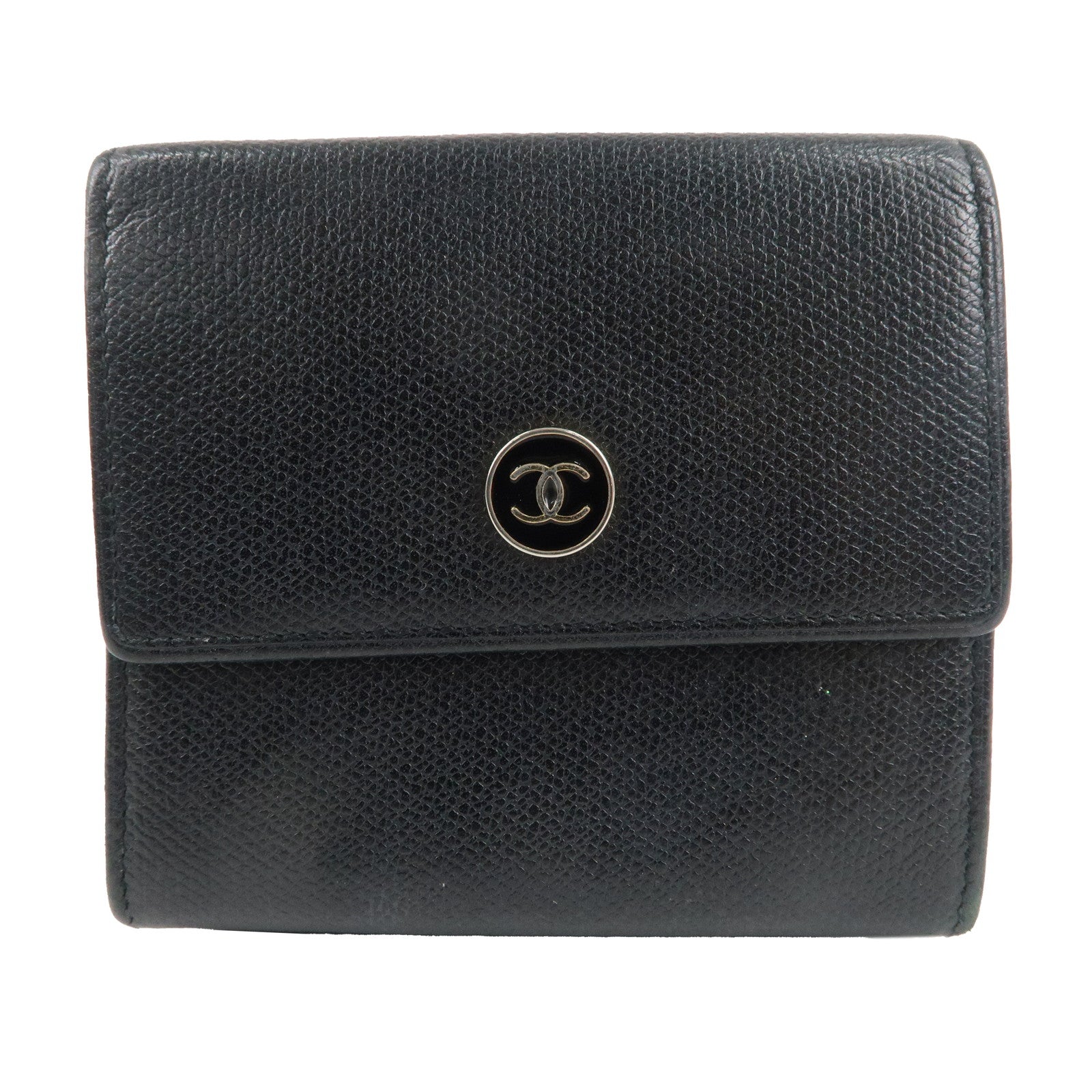 CHANEL Leather Coco Button Trifold Wallet Black