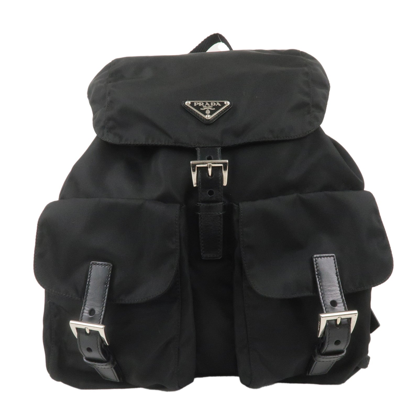 PRADA-Logo-Nylon-Leather-Backpack-Ruck-Sack-NERO-Black-BZ2811