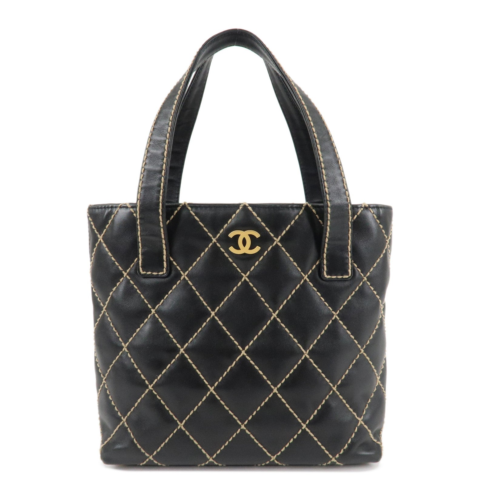 CHANEL-Wild-Stich-Lamb-Skin-Tote-Bag-Hand-Bag-Black-A18126