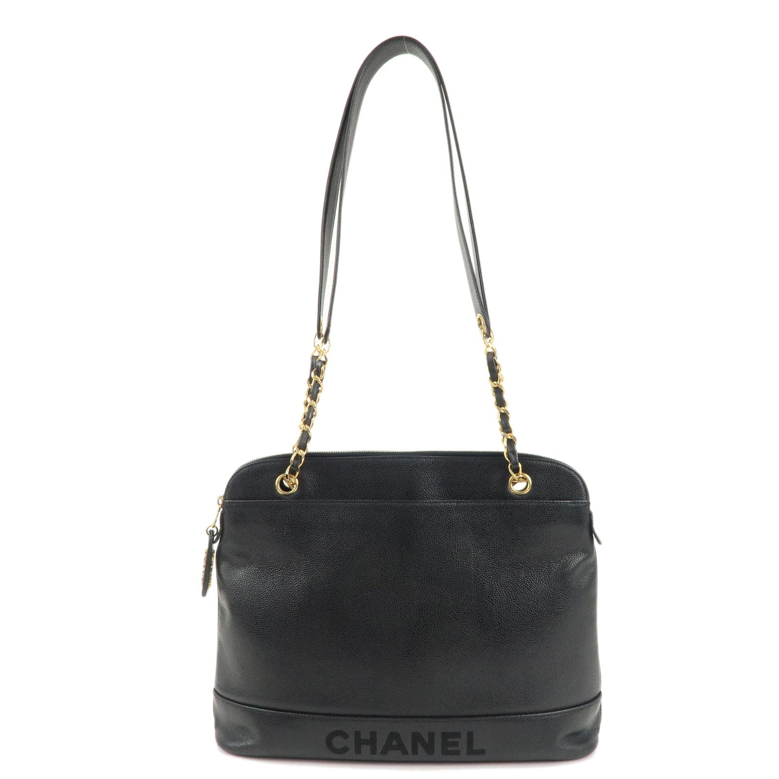 CHANEL Caviar Skin Chain Tote Bag Shoulder Bag Black Gold