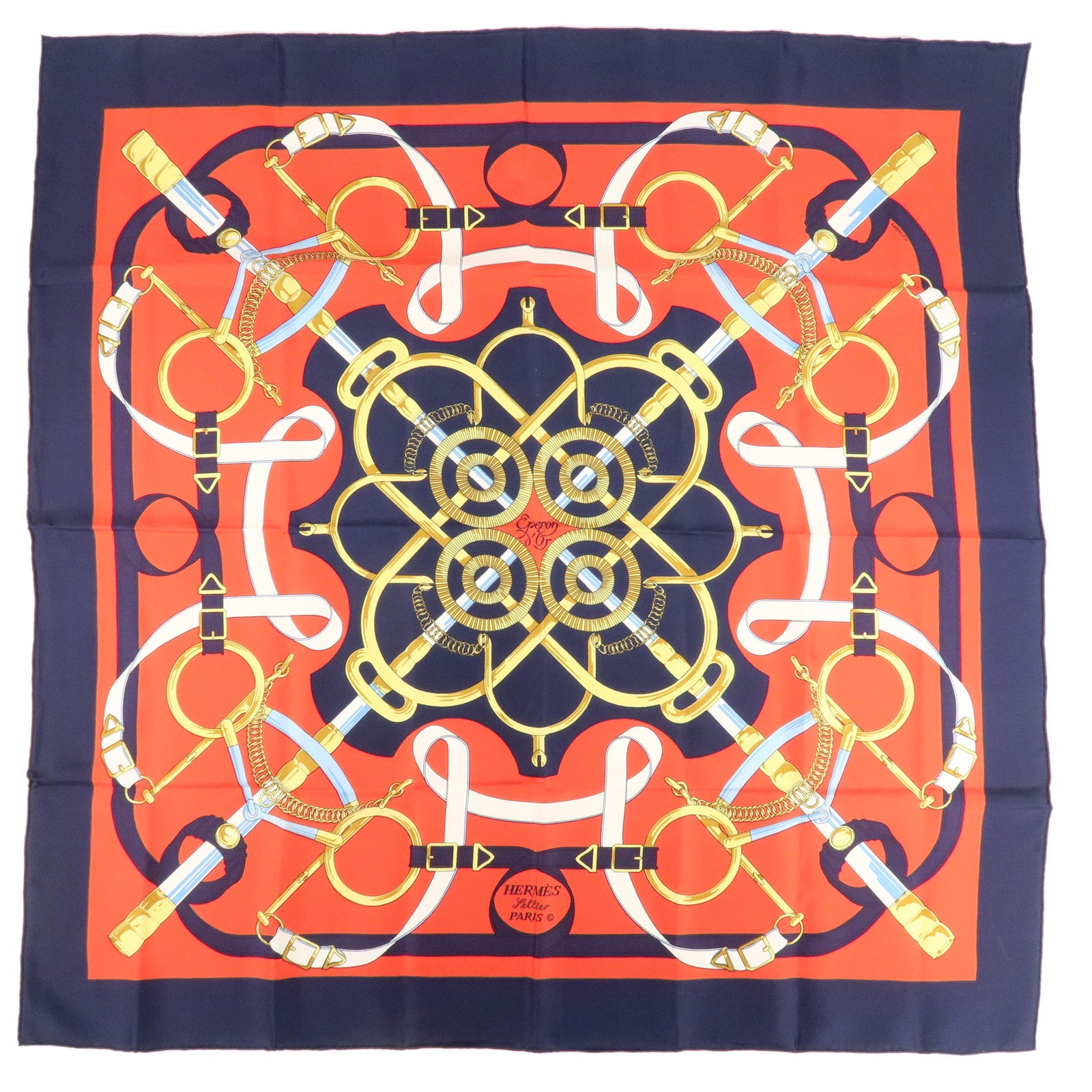 HERMES-Carre-90-100%-Silk-Scarf-Eperon-d
or-Red-Navy-Gold-