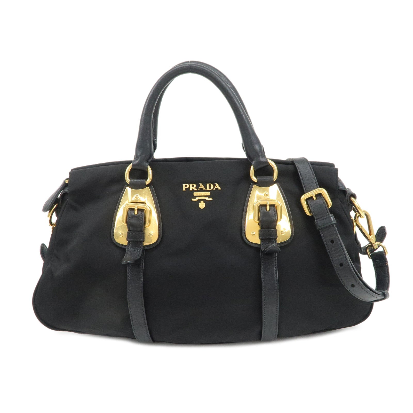 PRADA-Logo-Nylon-Leather-2Way-Tote-Shoulder-Bag-Black-BN1903