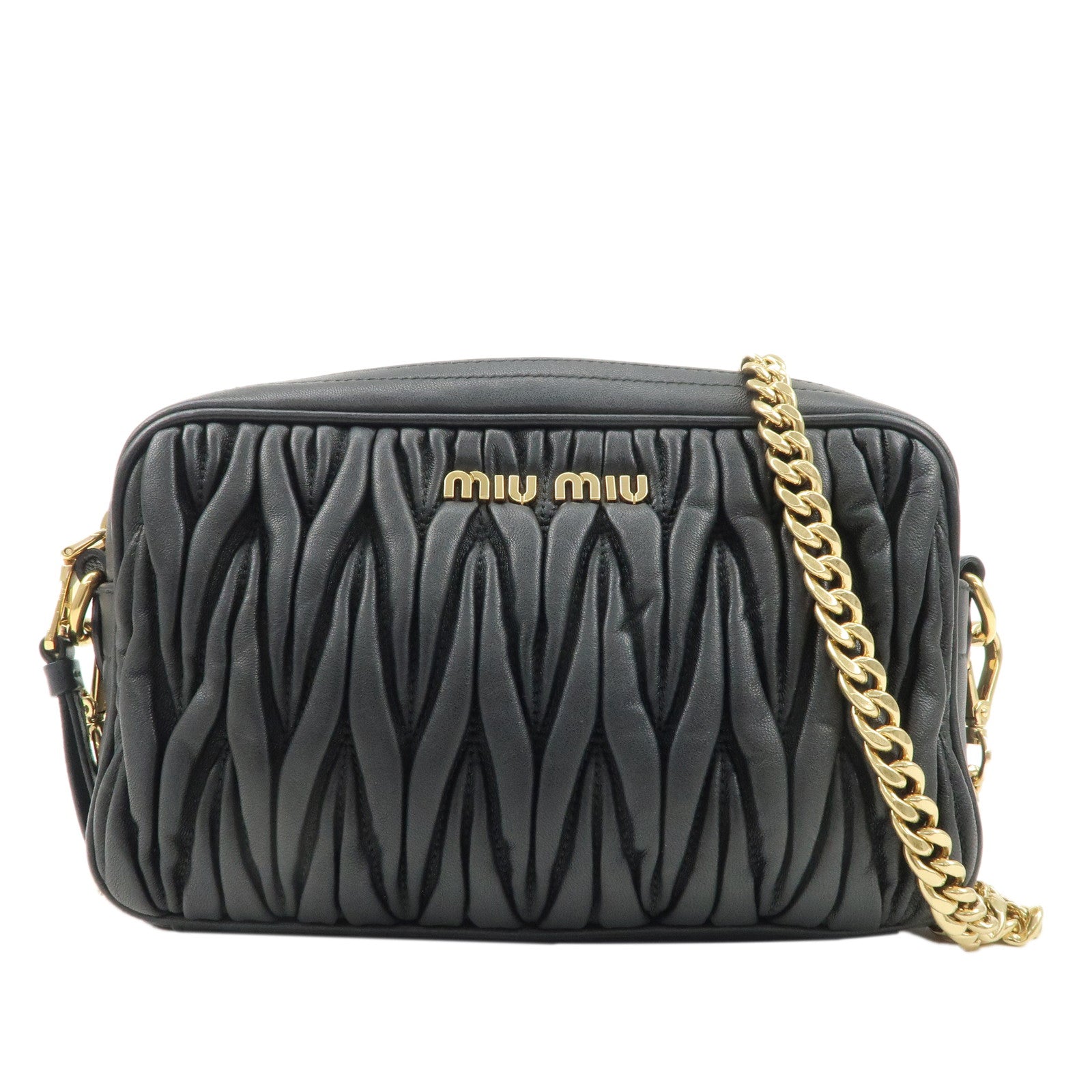 MIU-MIU-Matelasse-Leather-Chain-Shoulder-Bag-Crossbody-Bag-Black