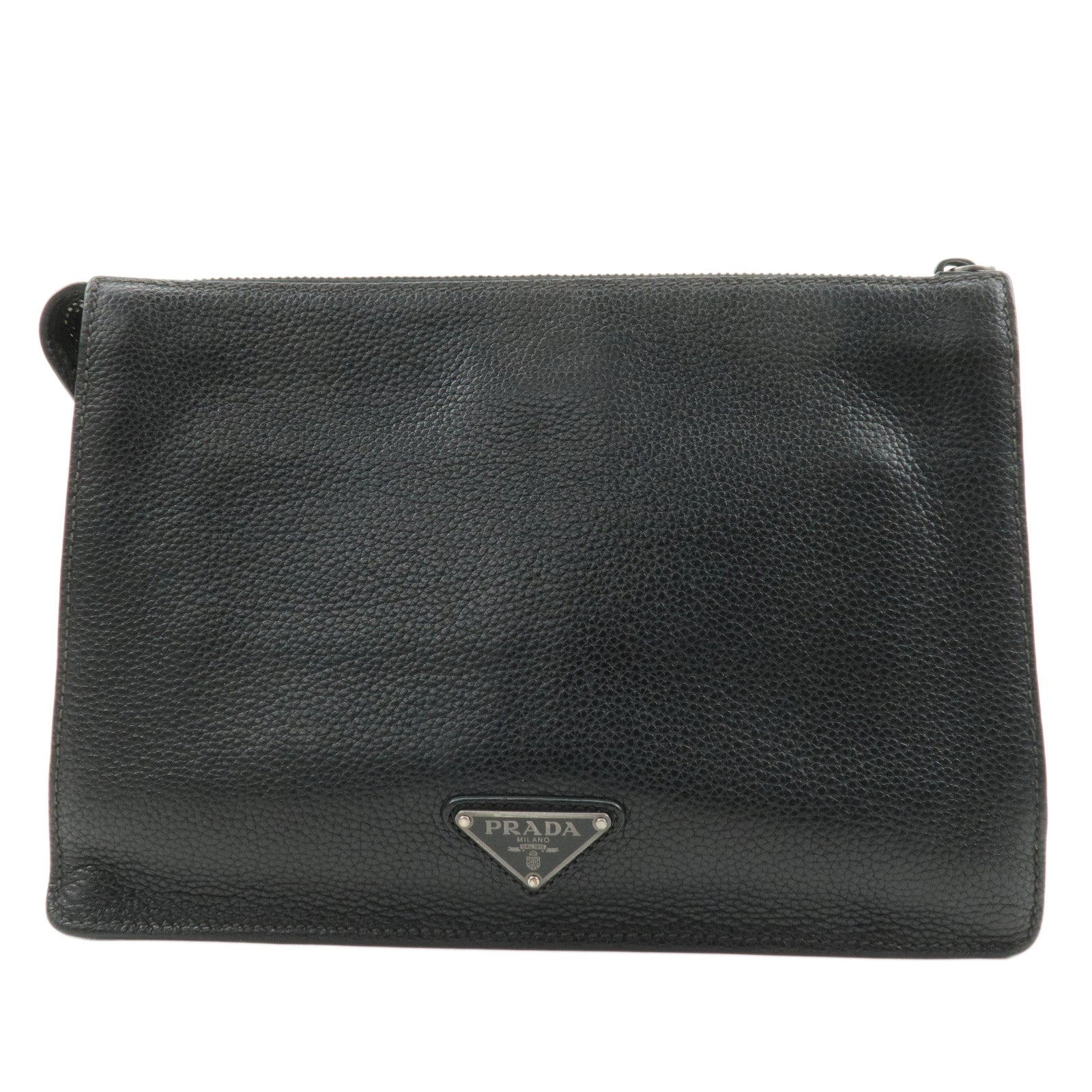 PRADA-Triangle-Logo-Leather-Clutch-Bag-Pouch-Black