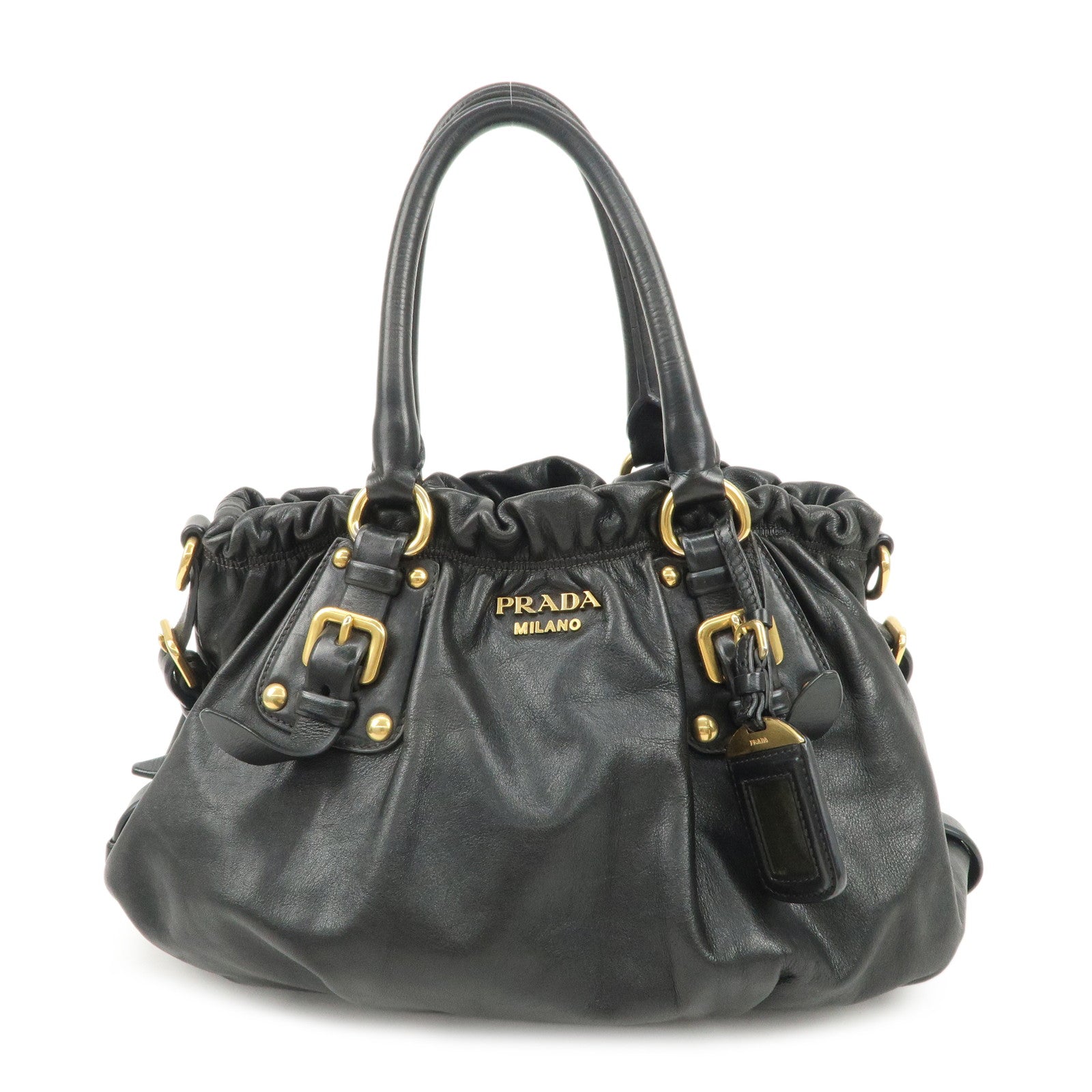 PRADA-Logo-Leather-Gathered-Hand-Bag-Black-Gold-HDW-BR4259