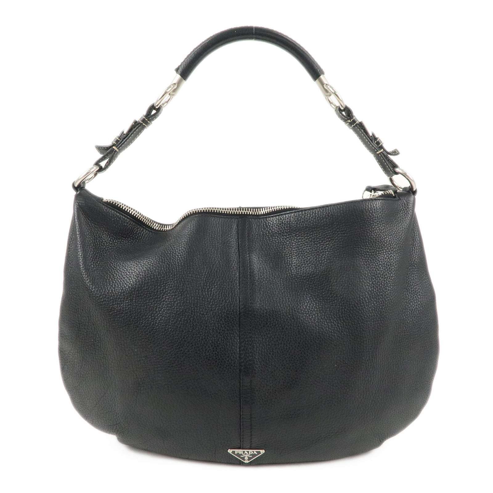 PRADA Logo Leather Shoulder Bag  Black Silver Hardware