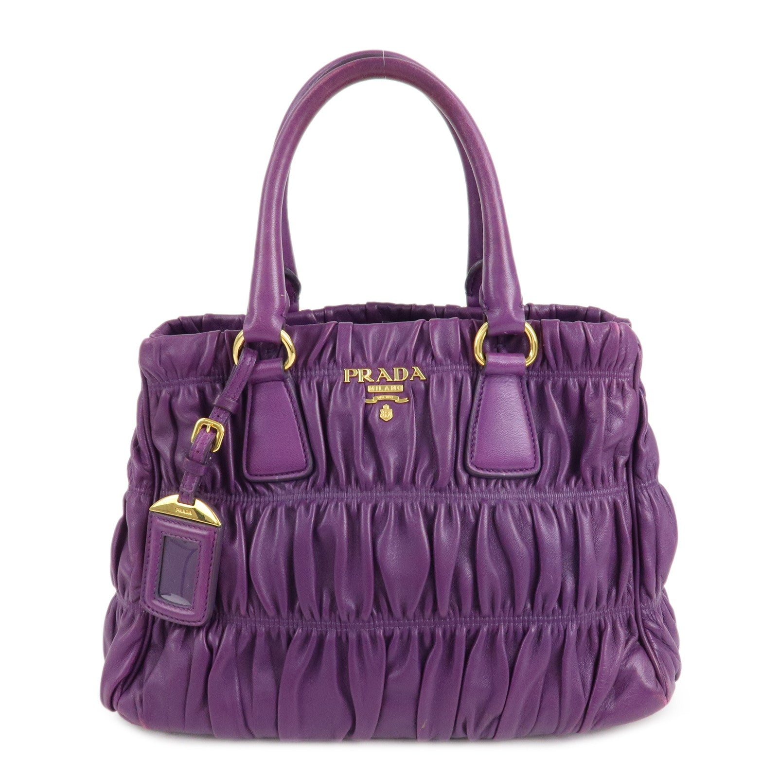 PRADA-Leather-Gathered-Hand-Bag-Purple-Gold-Hardware-BN2394