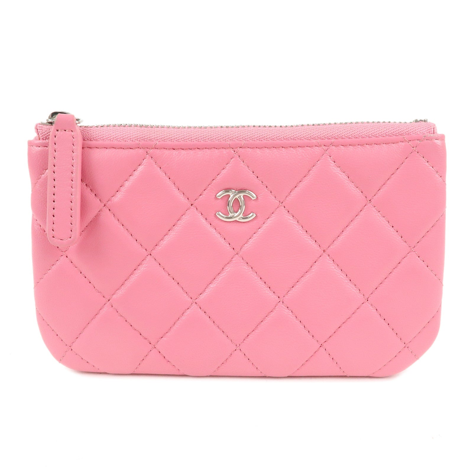 CHANEL-Matelasse-Lambskin-Pouch-Pink-Silver-Hardware